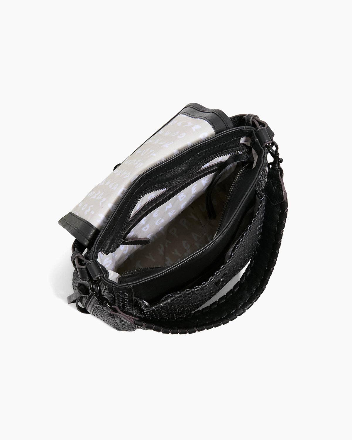 All For Love Novelty Zip Top Convertible Shoulder bag open showing interior compartments and woven handle detail