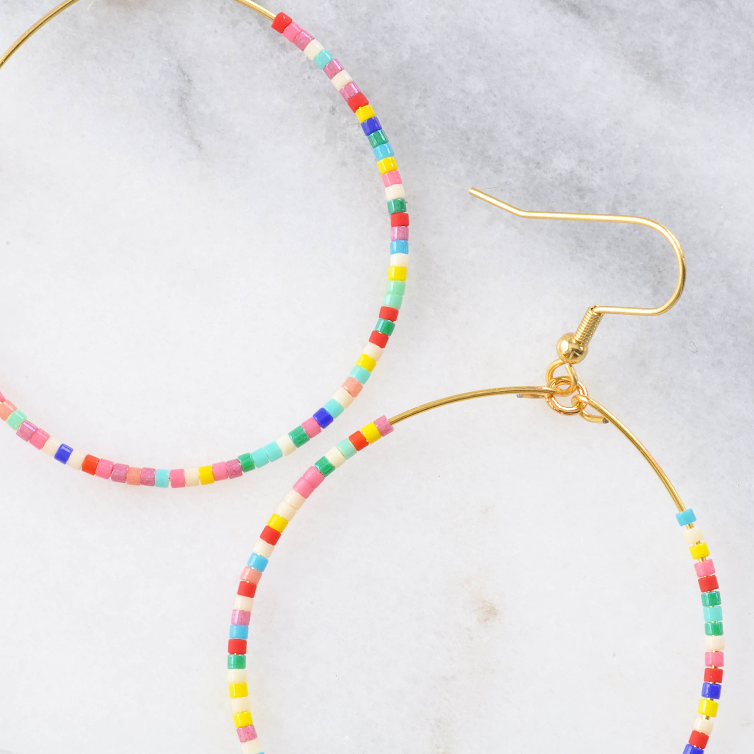 Large Gold Beaded Dangle Hoop Earrings