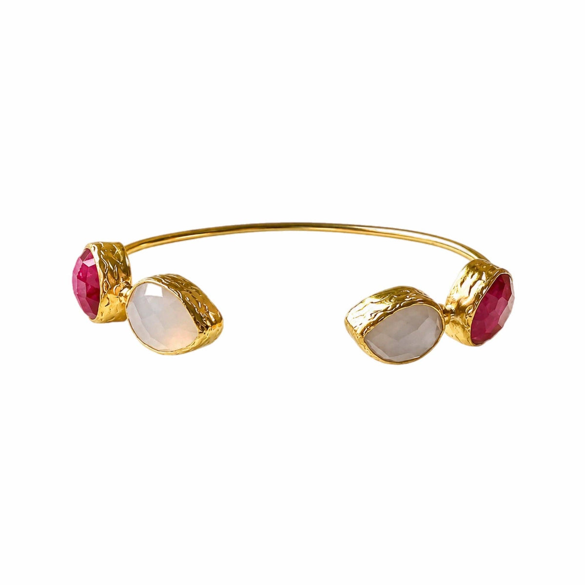 Ruby and Snow Quartz Cuff Bangle | Miray gold tone bracelet with ruby and snow quartz stones