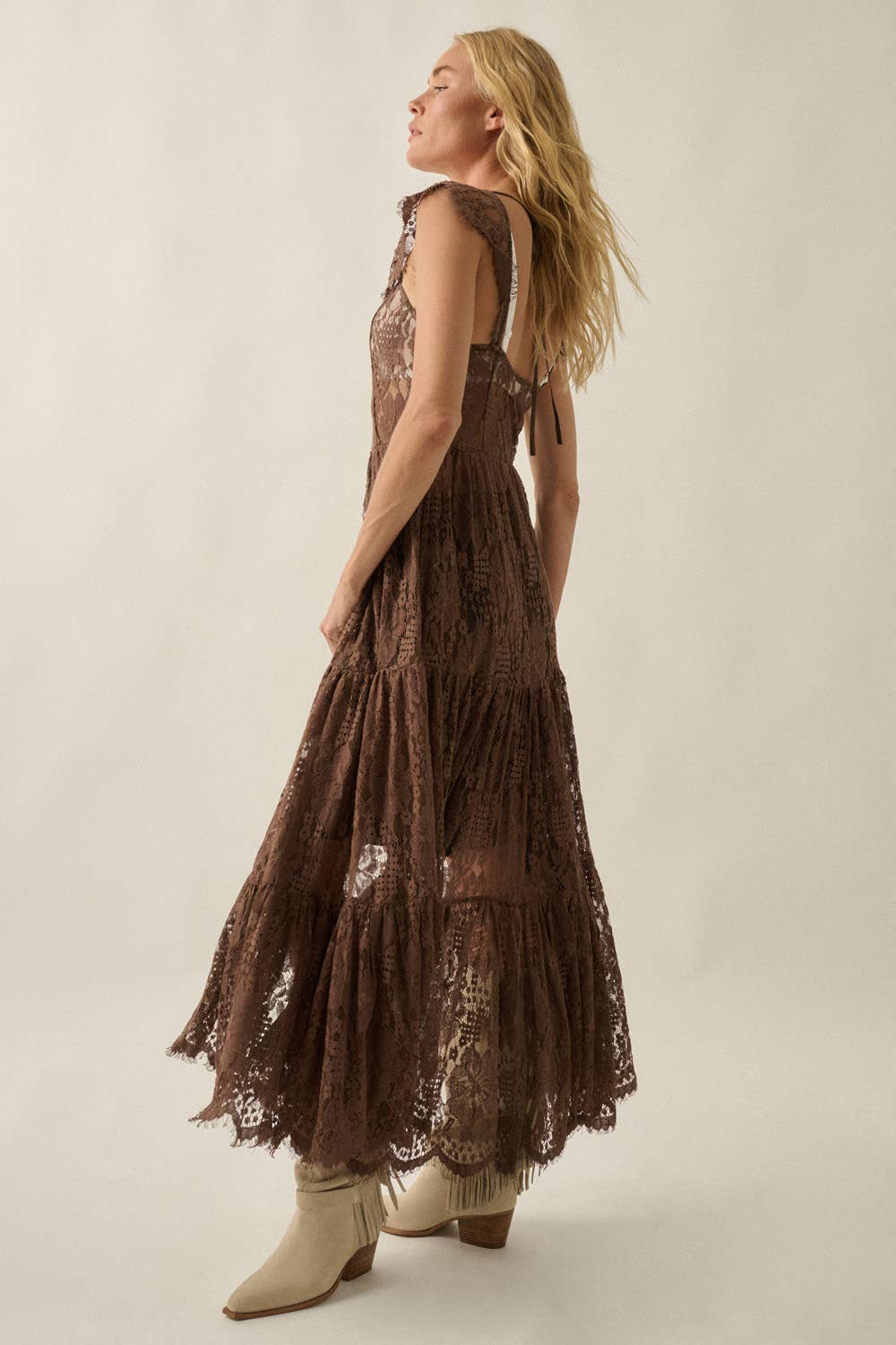 Sheer Floral Lace Button-Front Tiered-Ruffle Maxi Top