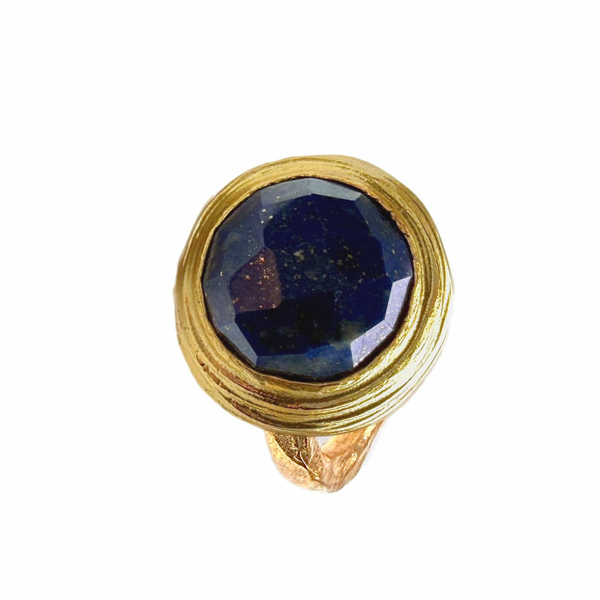 Eylul Lapis Lazuli Cocktail Ring with faceted blue stone and textured gold tone band