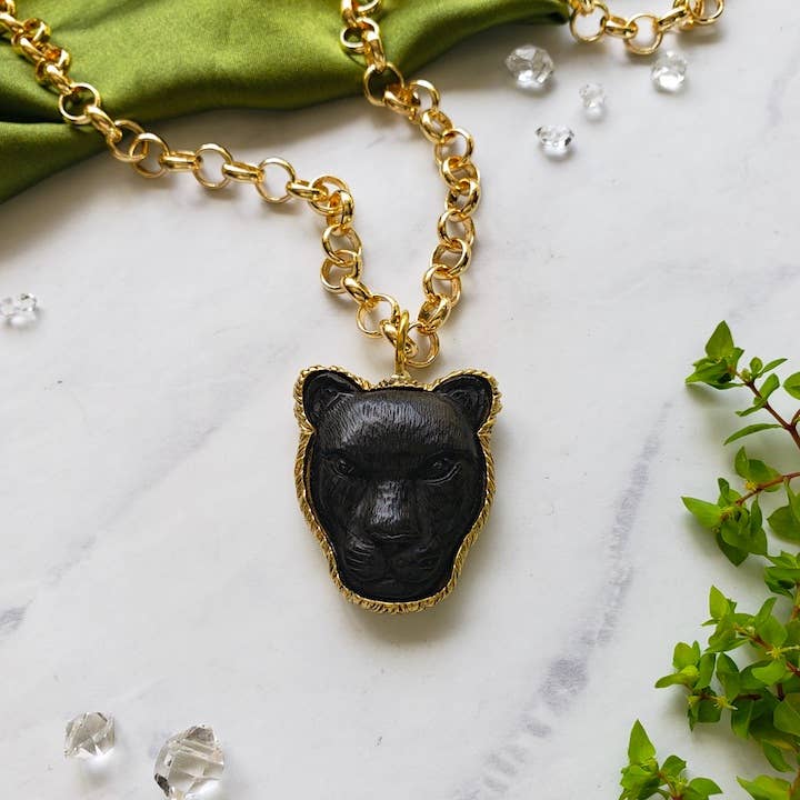 Carved Ebony Panther Lioness Necklace