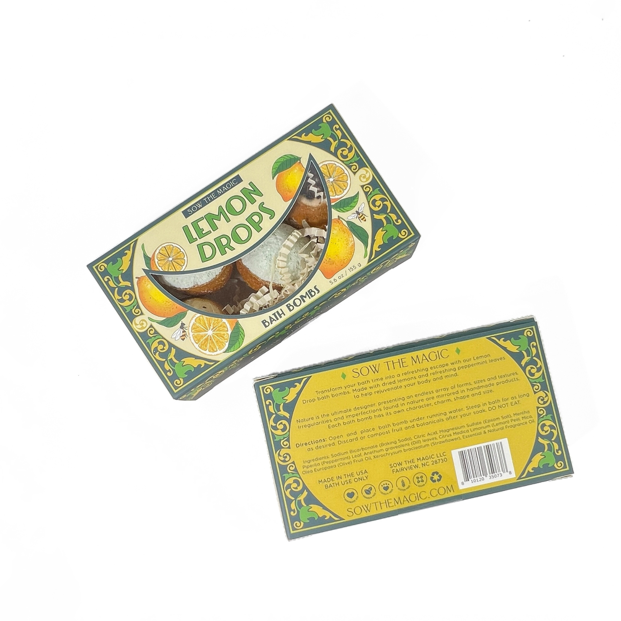 Natural Lemon Drop Bath Bomb Gift Set made with Lemon + MInt in decorative green and yellow packaging with lemon illustrations