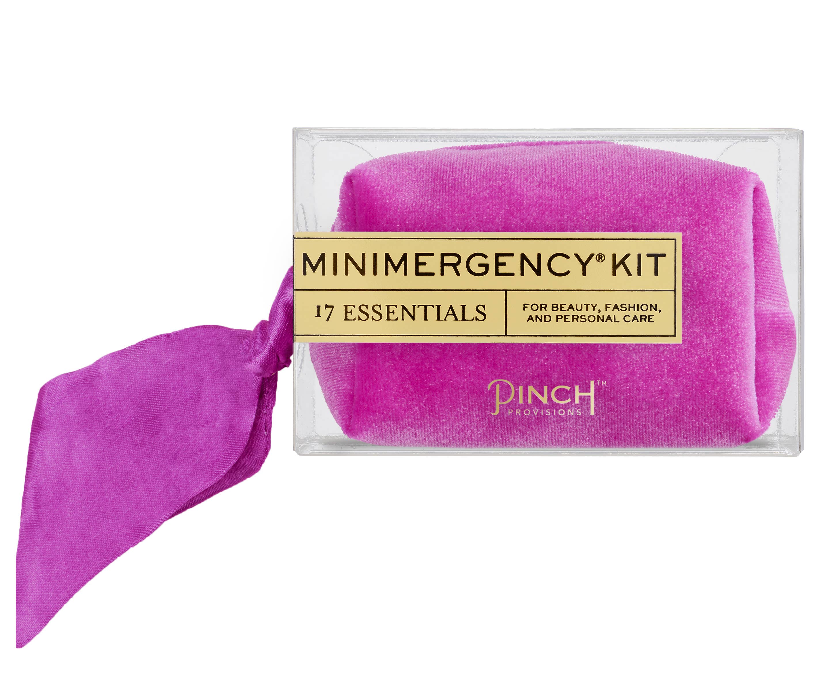 Velvet Scarf Minimergency Kit in bright pink with 17 essentials for beauty, fashion, and personal care in clear packaging