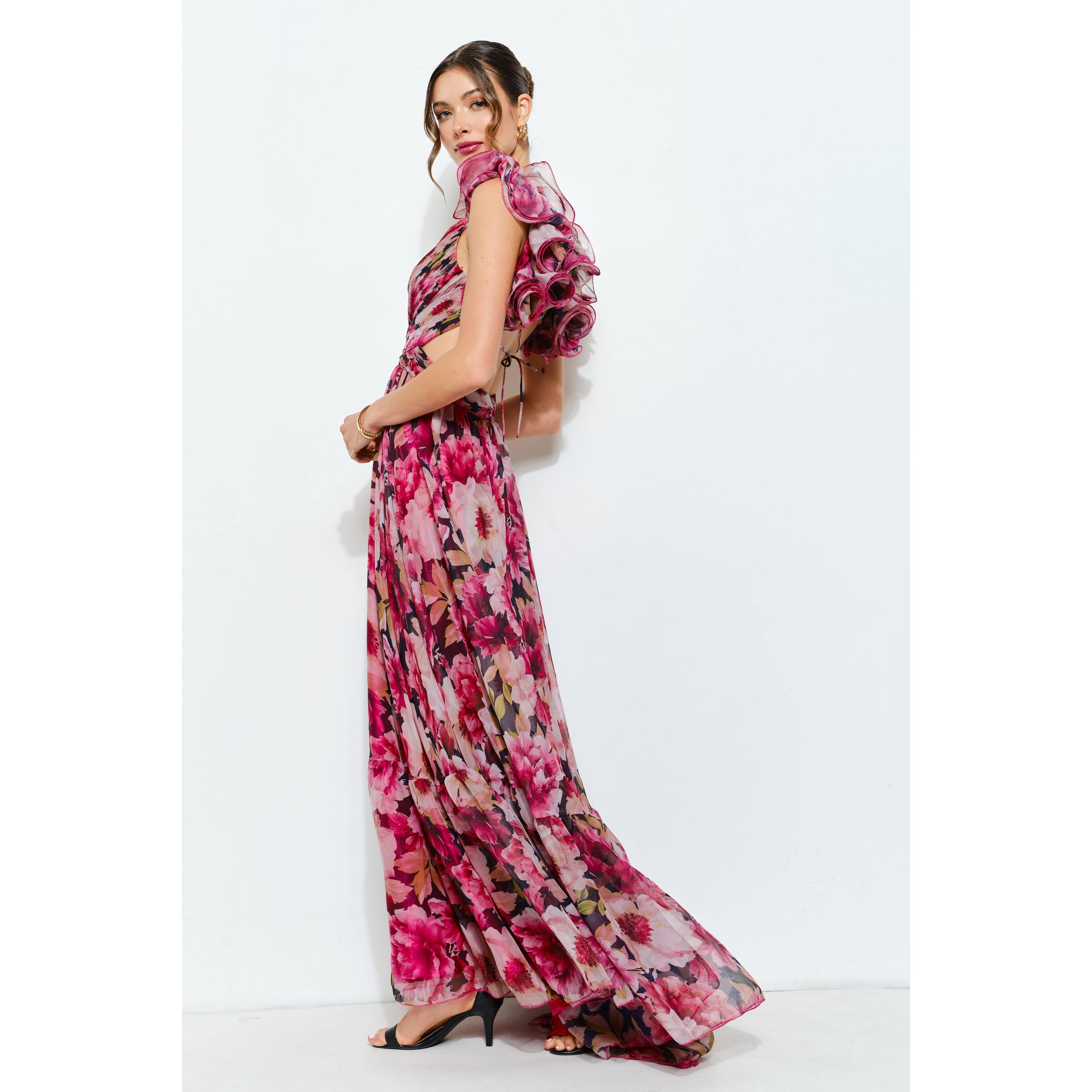 Ruffled Lace-Up Back Floral Maxi Dress