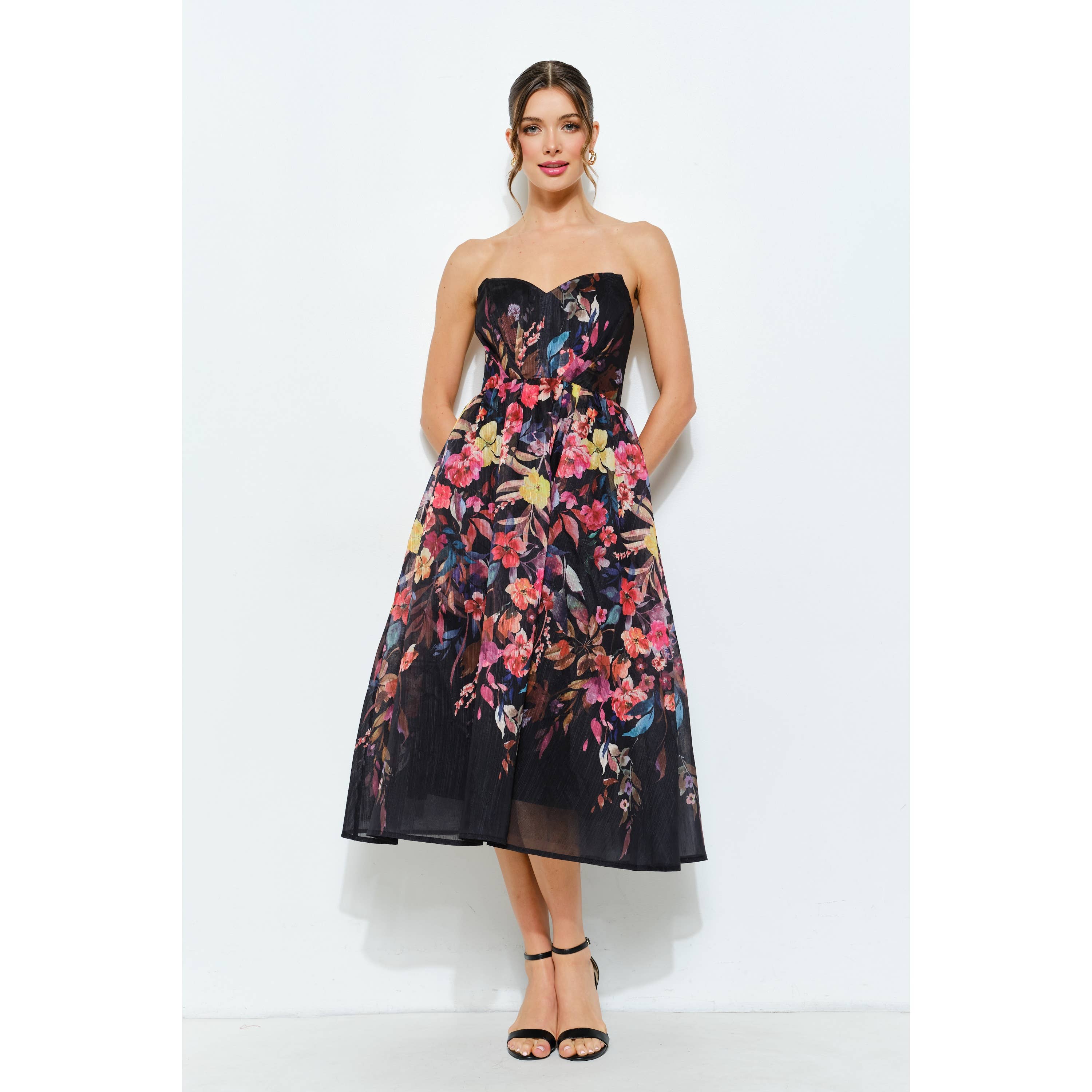 Sweetheart Strapless Floral Midi Dress