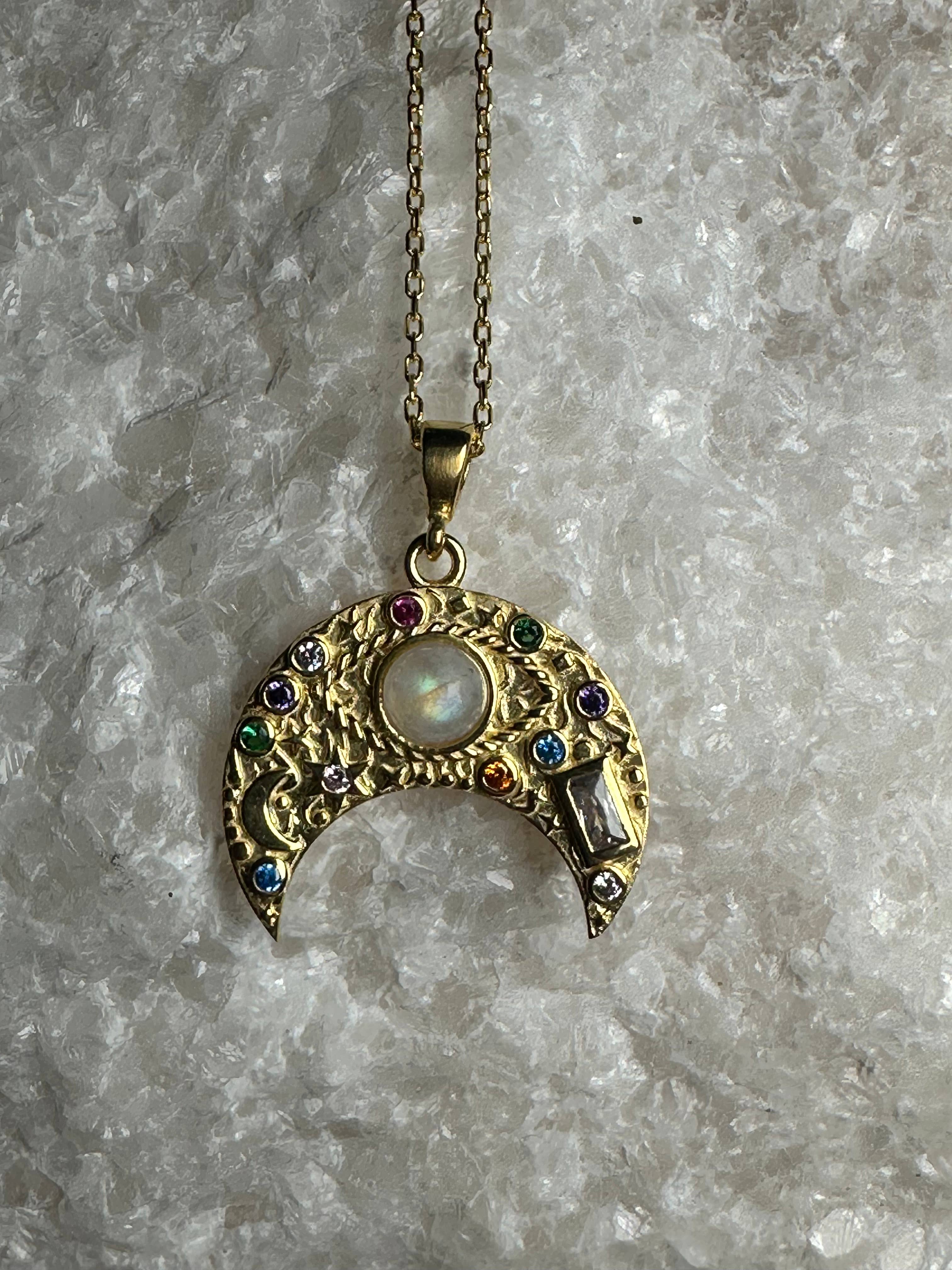 CRESCENT MOON MOONSTONE Evil Eye Sterling Silver Necklace