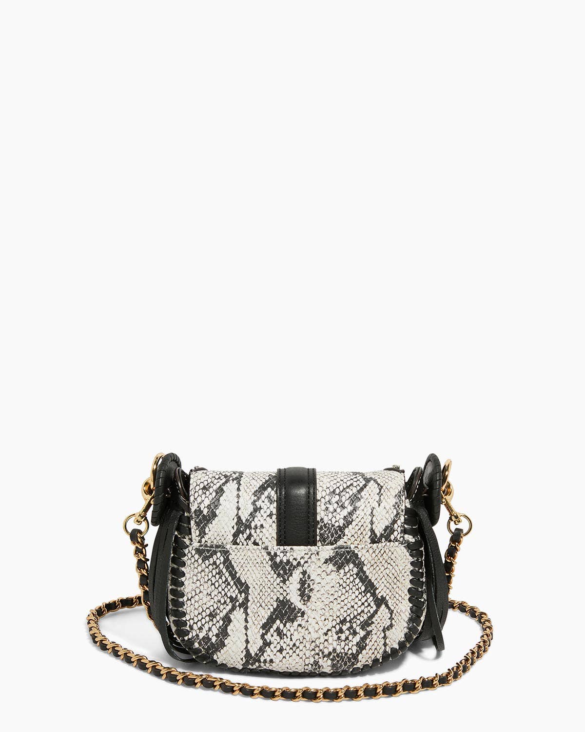 Willow Novelty Mini Crossbody with snakeskin pattern, black trim, and gold chain strap on white background