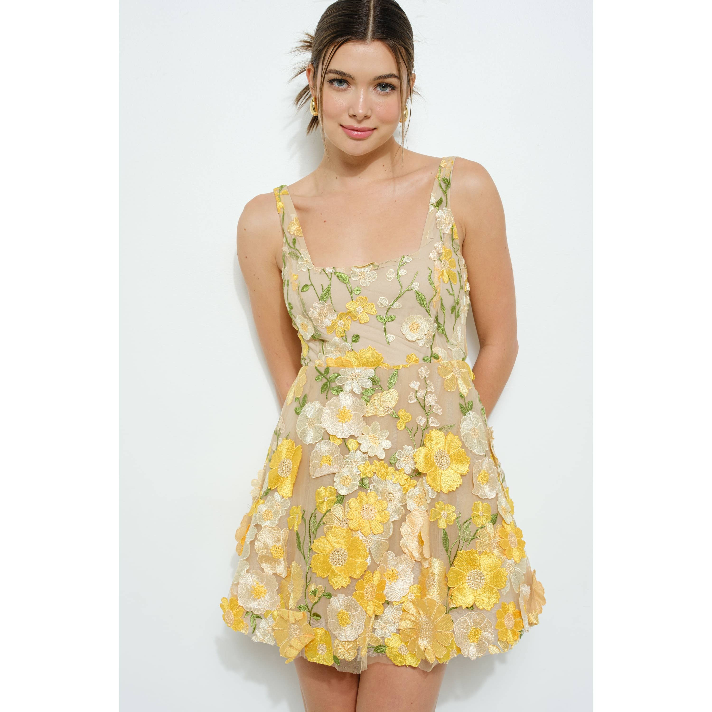 Sleeveless 3D Floral Embroidered Mini Dress