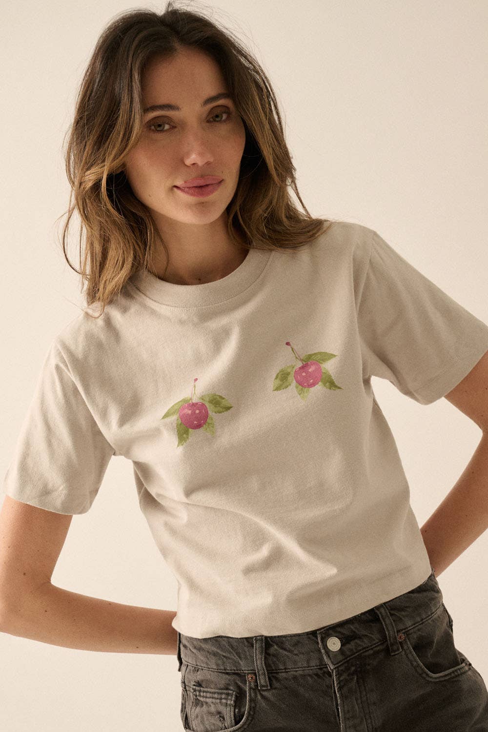 Cherries Cropped Garment-Dyed Graphic Tee