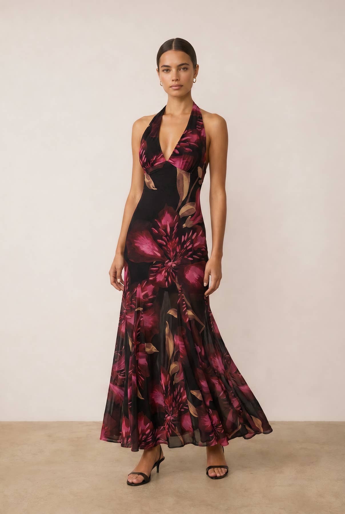 Floral Mesh Halter Flared Maxi Dress