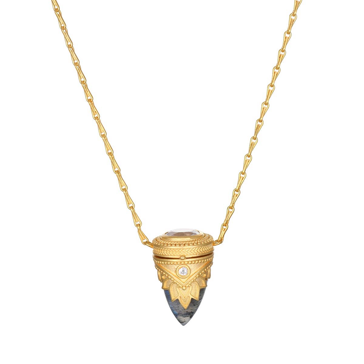 The Satya Jewelry Guiding Spirit Labradorite Feather Locket Necklace - 18" features a gold chain, diamond accent, labradorite tip, and pendant with layered feather detailing for a modern spiritual look.