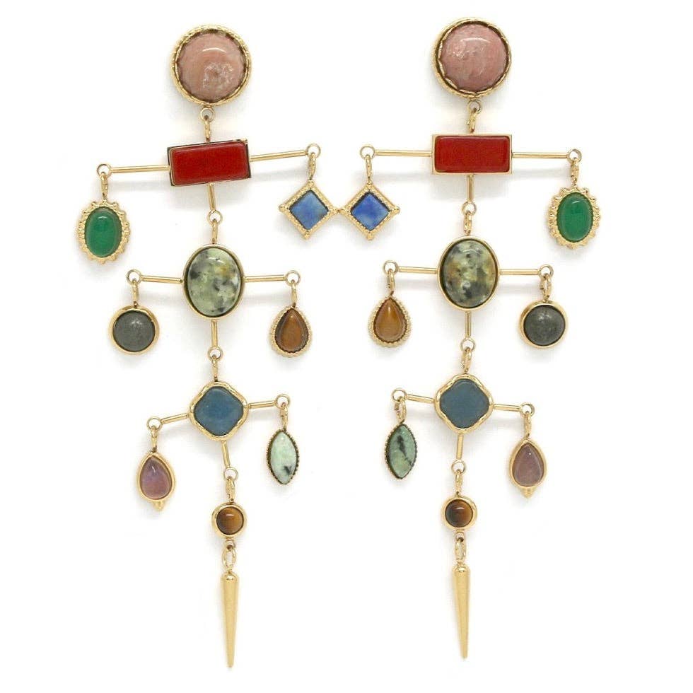 Museum Style Artsy Semi Precious Stone Mobile Earrings featuring multicolored stones in an artistic mobile design