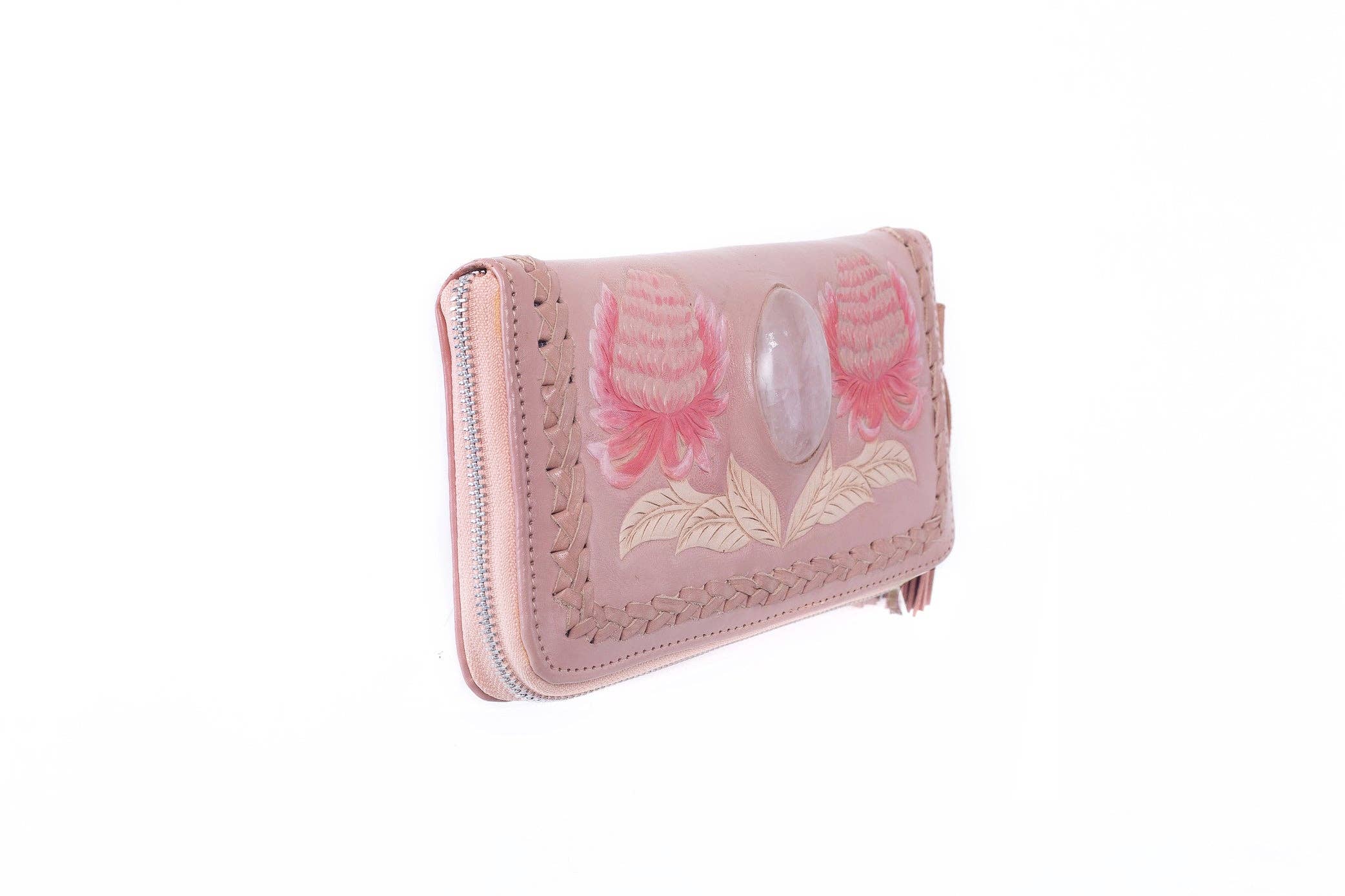 The Jodi Lee Wild Waratah Wallet Pink is a hand-tooled leather wallet with floral designs, a Rose Quartz gemstone centerpiece, and decorative stitching, shown on a white background.