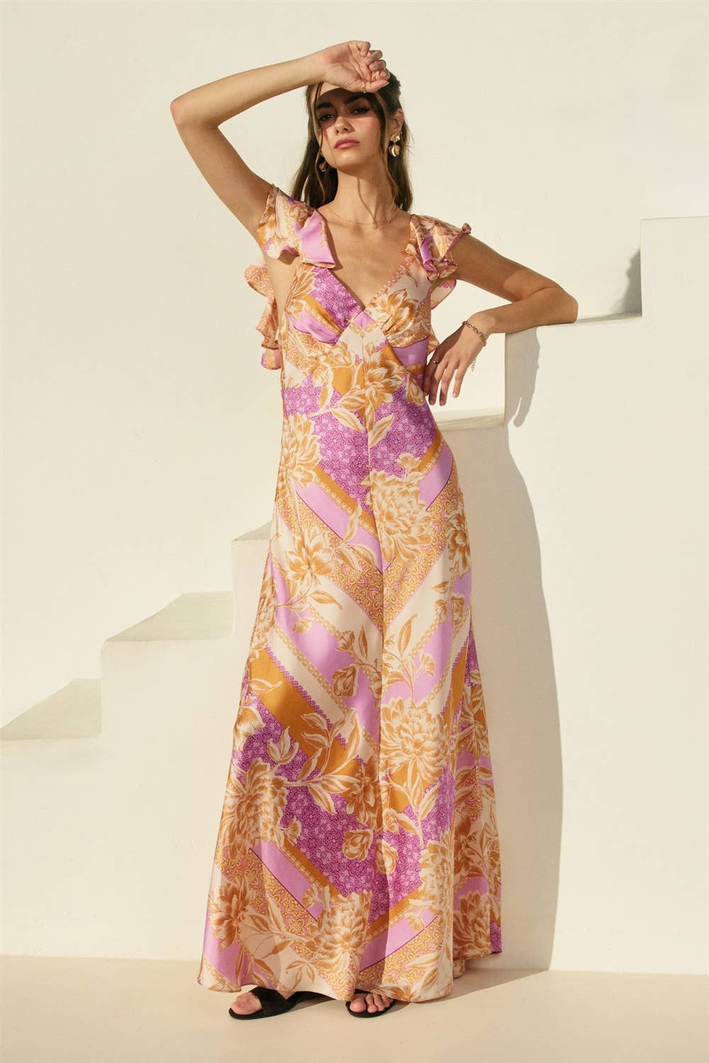 Floral Scarf Flutter Open Back Maxi Dress