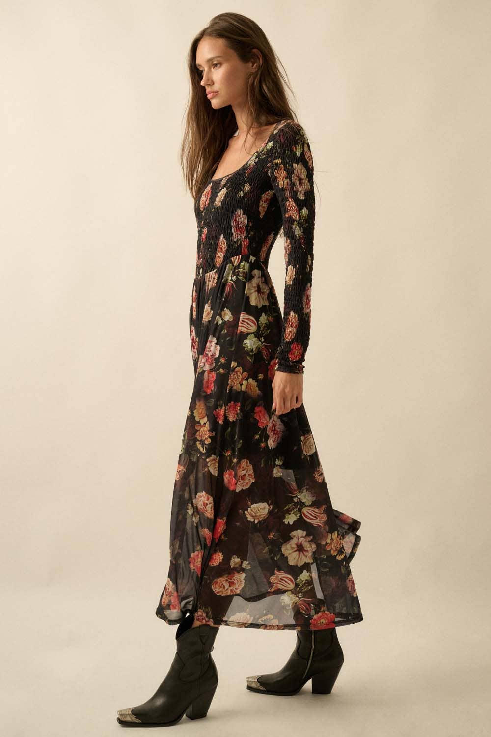 Floral-Print Mesh Smocked Long-Sleeve Maxi Dress