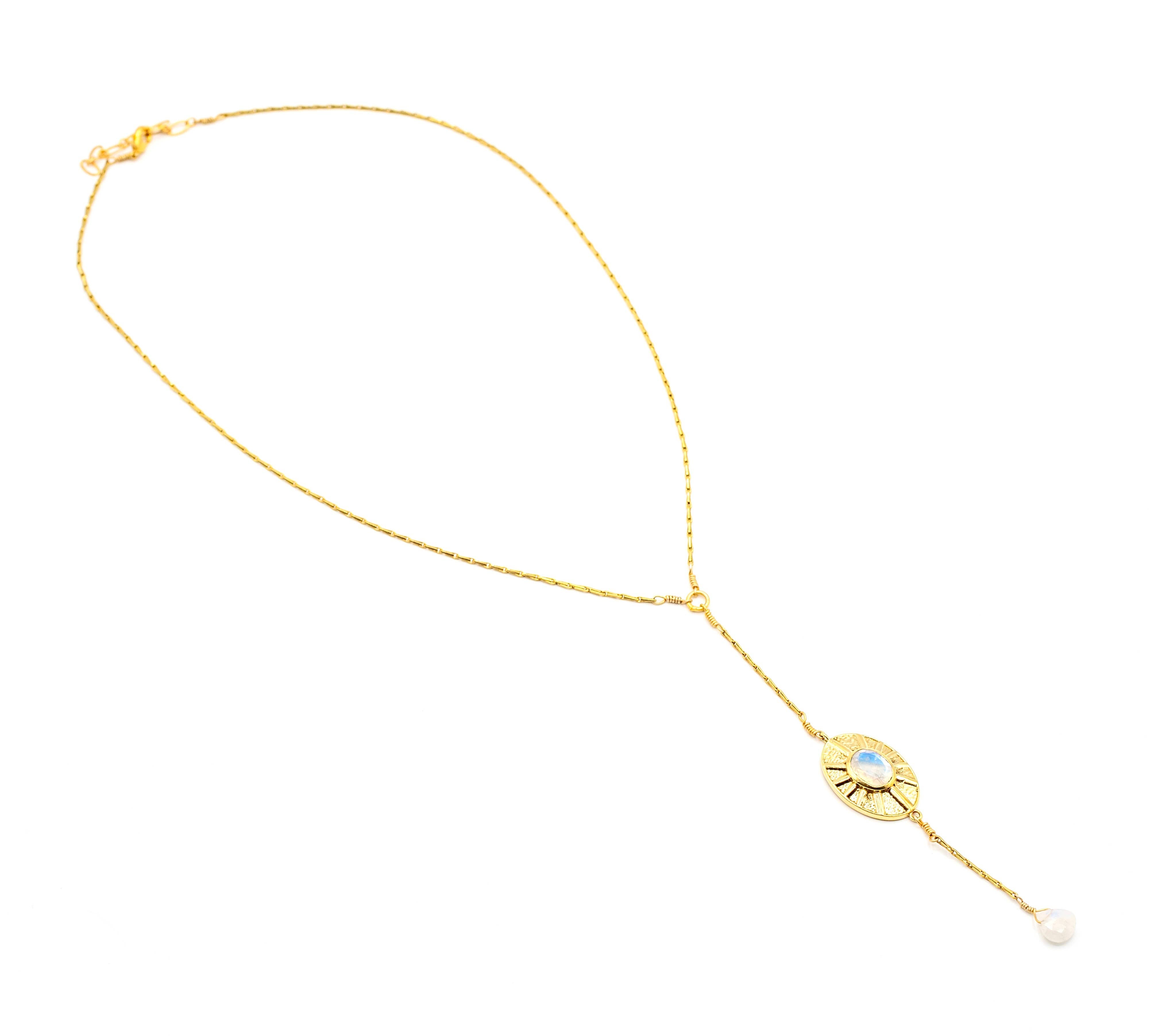 Sun Goddess Moonstone Necklace with delicate gold chain, moonstone center, and dangling pearl detail, elegant jewelry piece