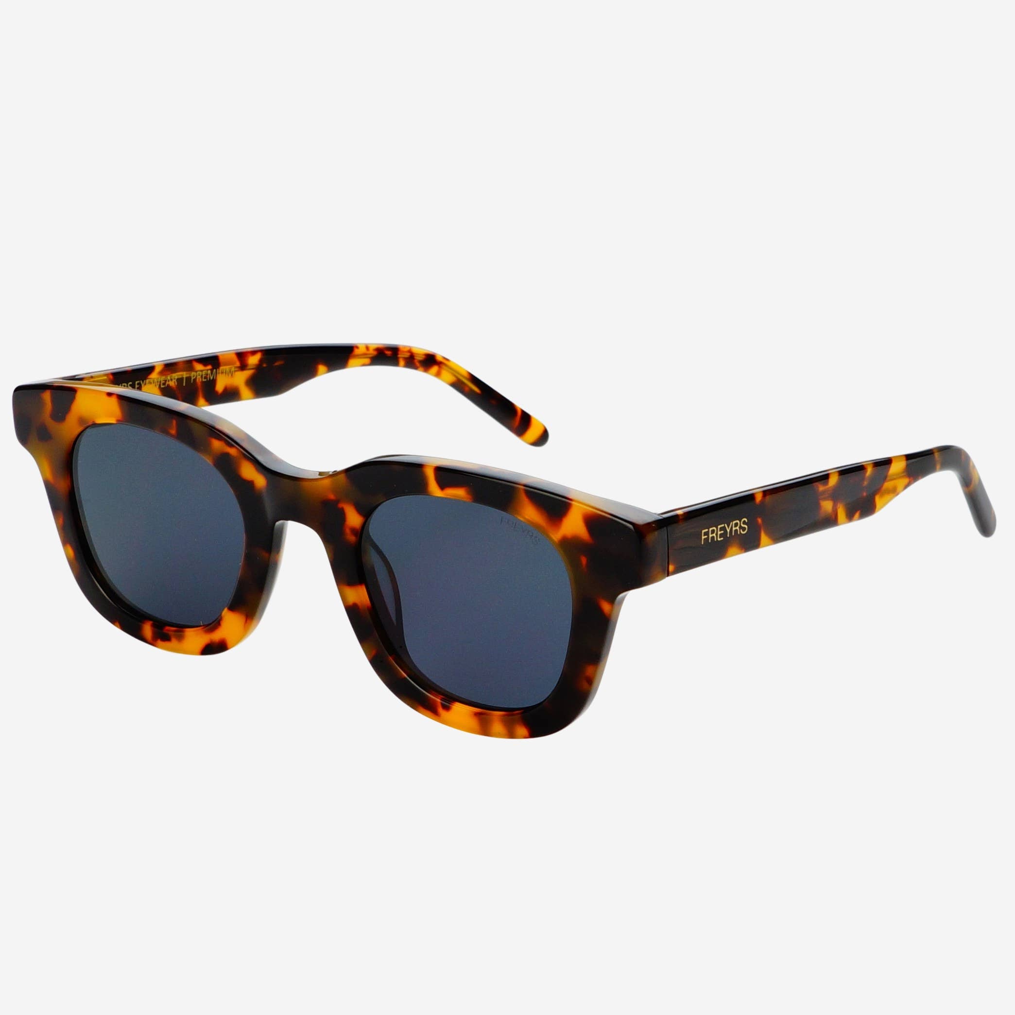Deni Acetate Round Mens Sunglasses by FREYRS Eyewear feature thick handmade acetate frames, round dark nylon lenses with full UVA/UVB protection, and gold FREYRS branding on the temple. Displayed on a plain white background.