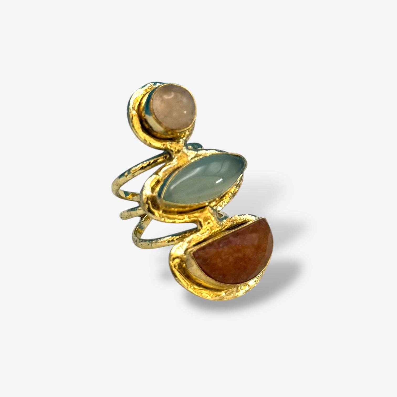 Cocktail Rings with gold-tone metal and three colorful polished stones in soft neutral, green, and brown shades