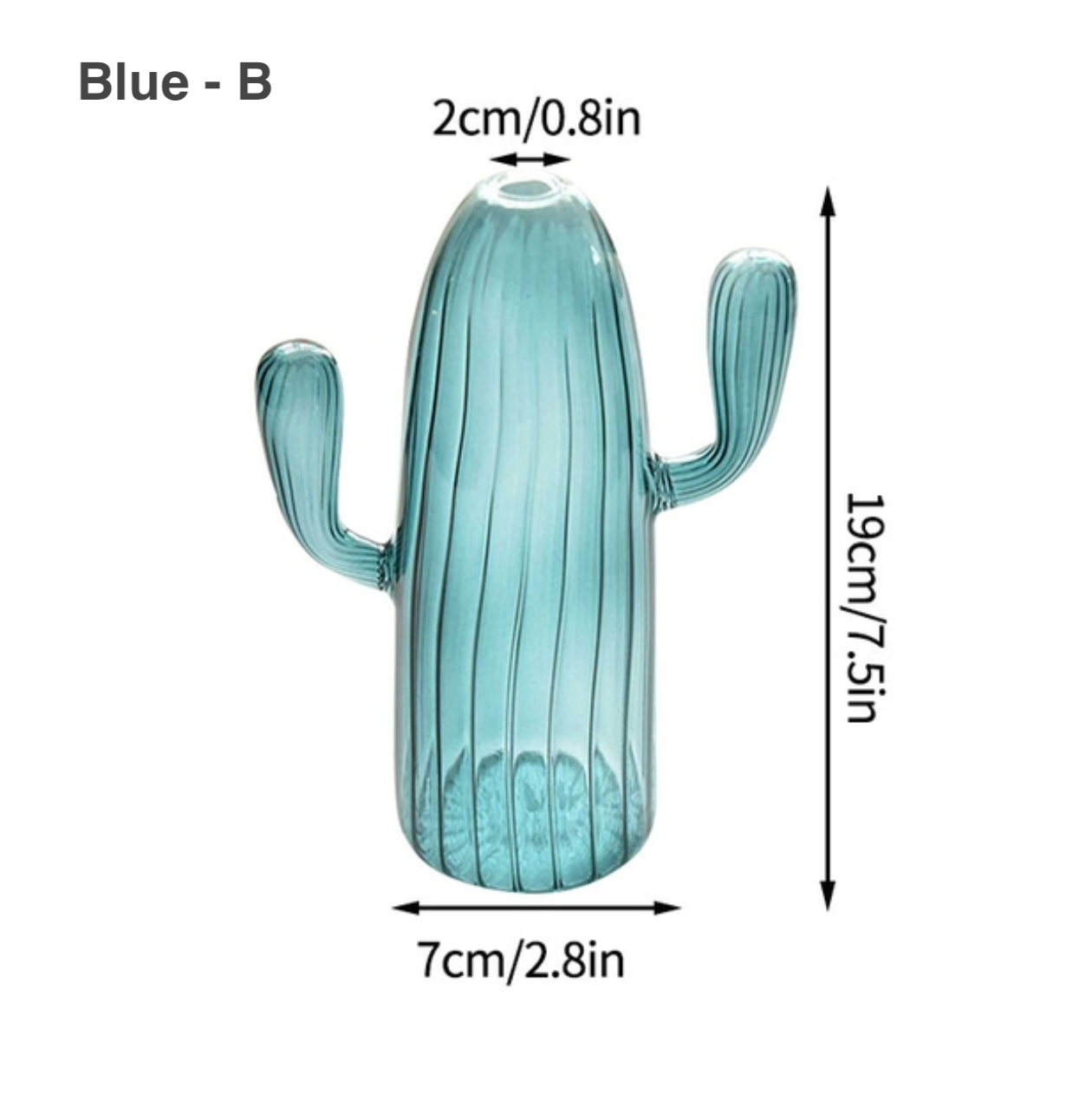 Blue transparent cactus shaped glass with two arms and vertical ribbed design Cactus Shaped Glass Hydroponics Plant Vase
