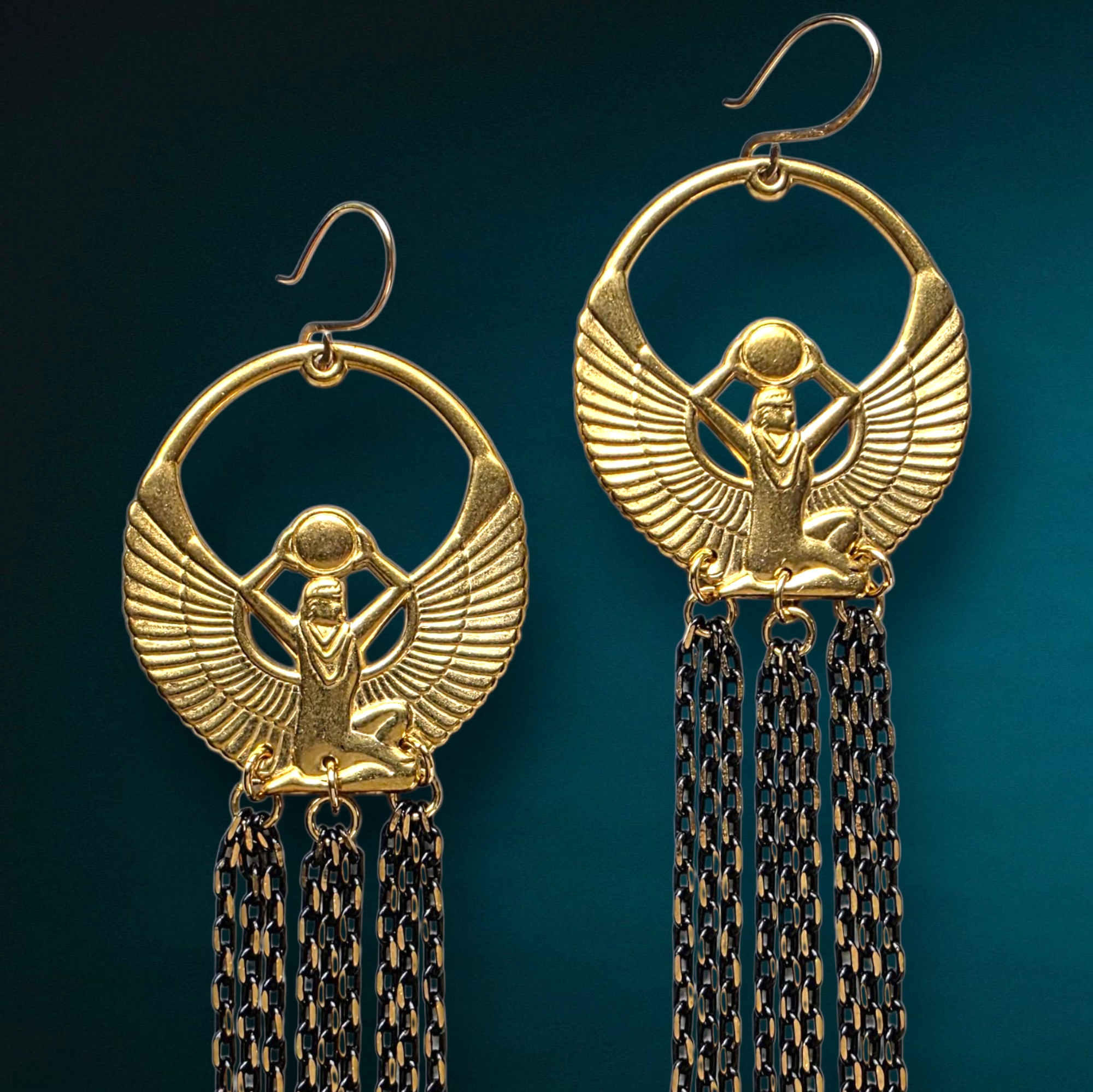 Brass Winged Egyptian Goddess Isis Long Chain Earrings