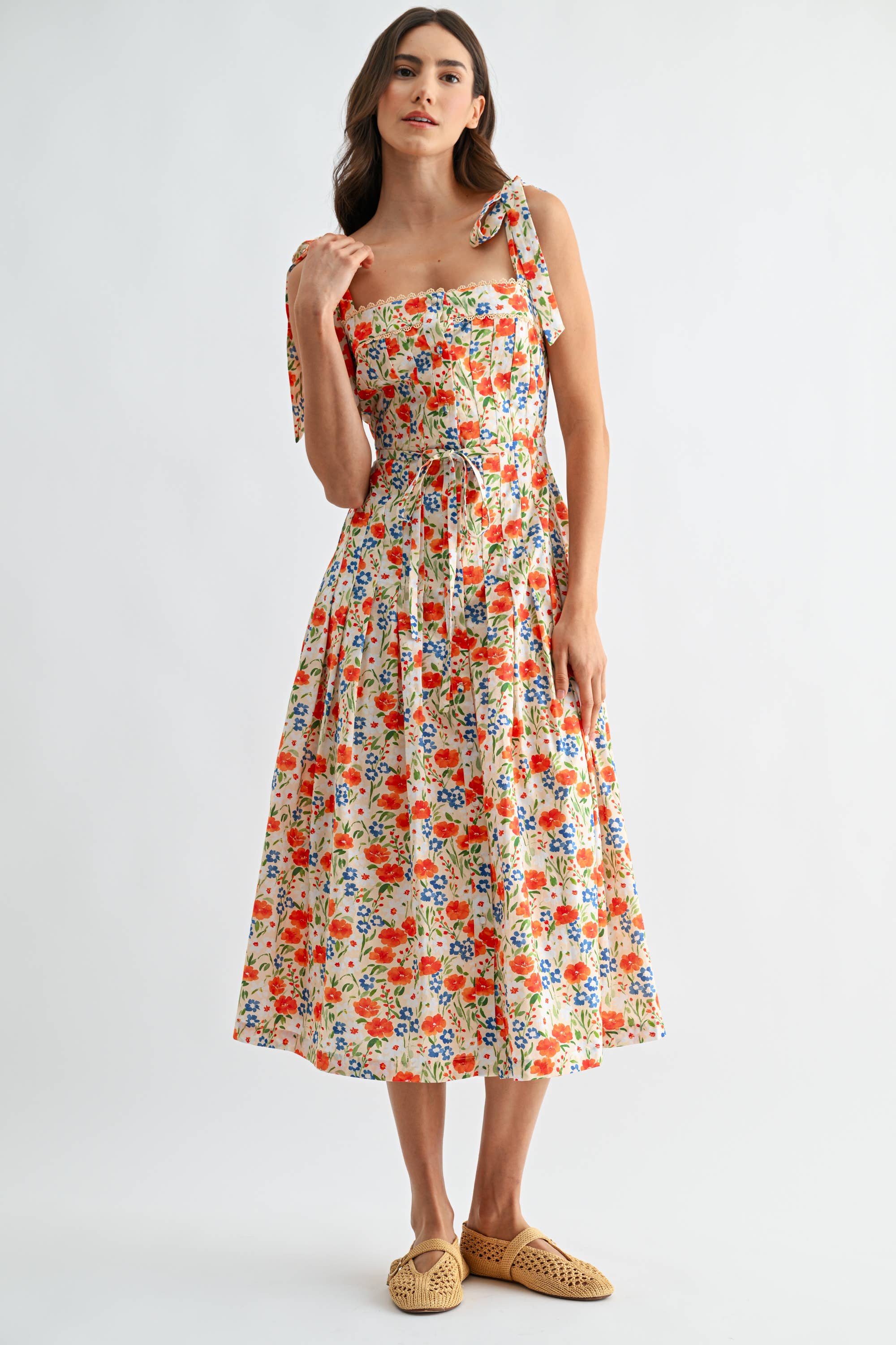 Floral Print Tie-Shoulder Belted Midi Dress
