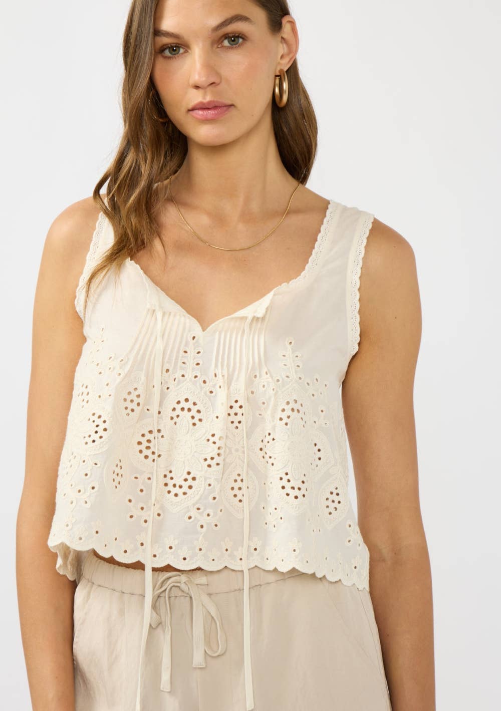 Square Neck Pintuck Eyelet Trim Crop Tank