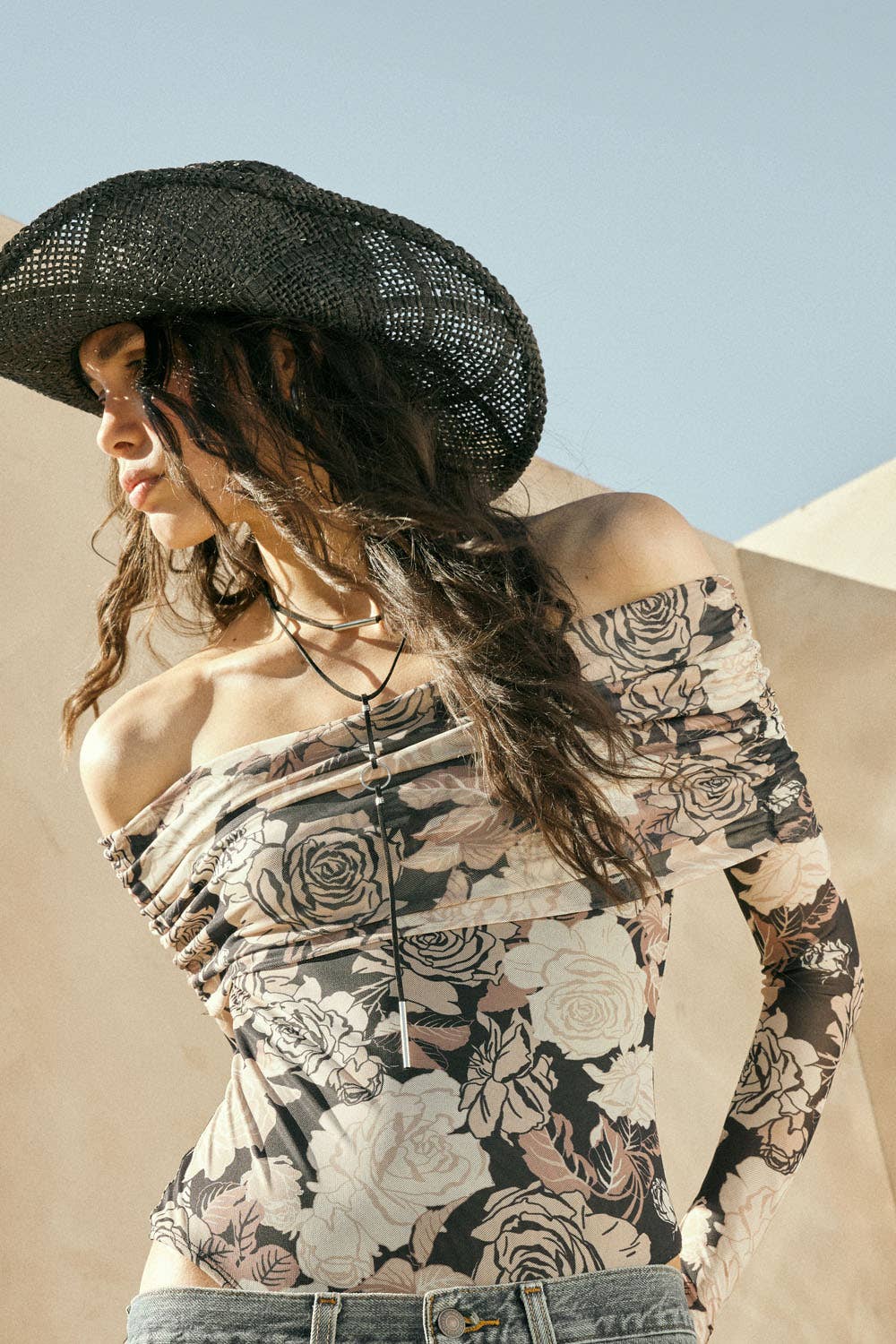 Floral-Print Mesh Off-Shoulder Foldover Bodysuit