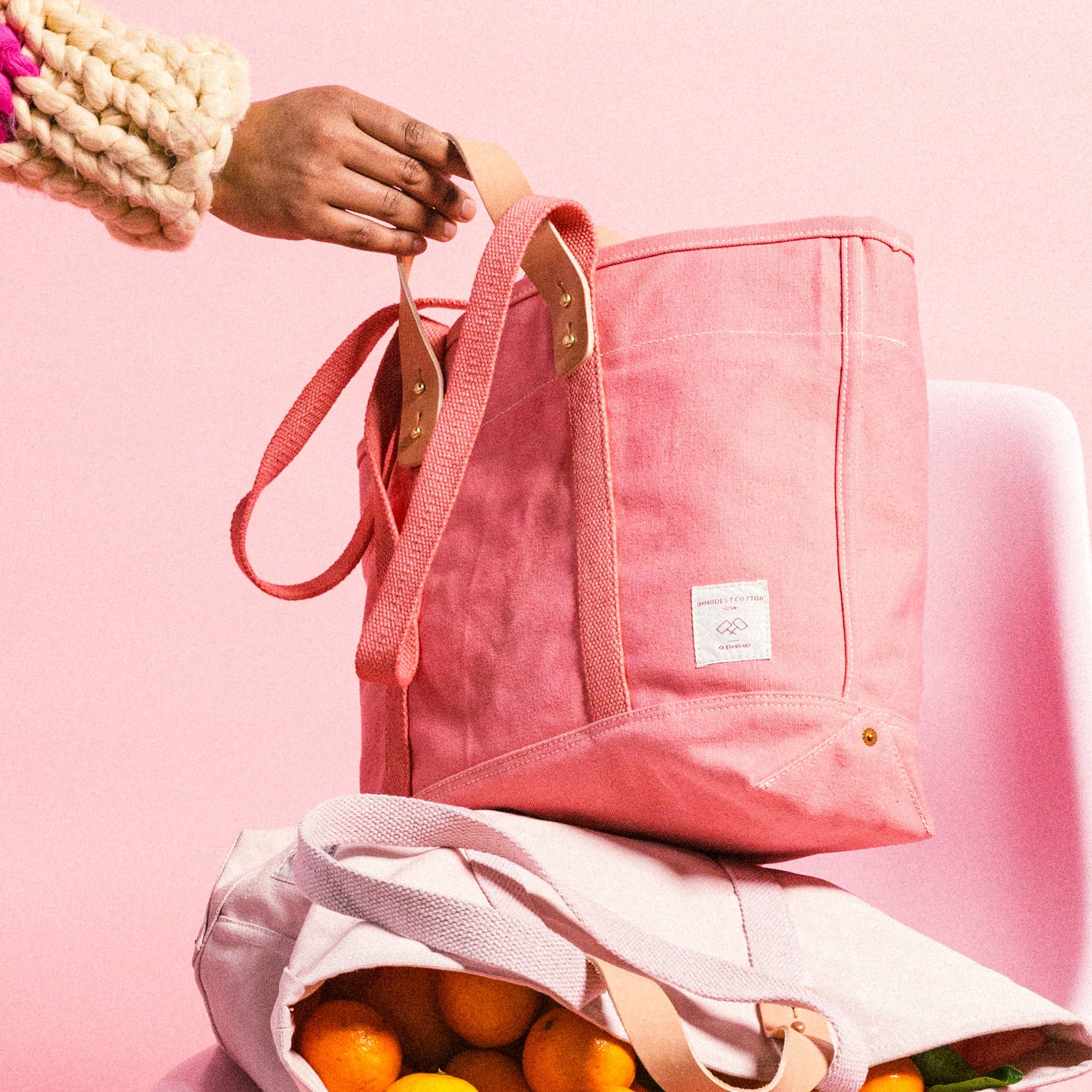 Hand holding small pink canvas bag with leather handles, featuring Small East West Tote | Flamingo design