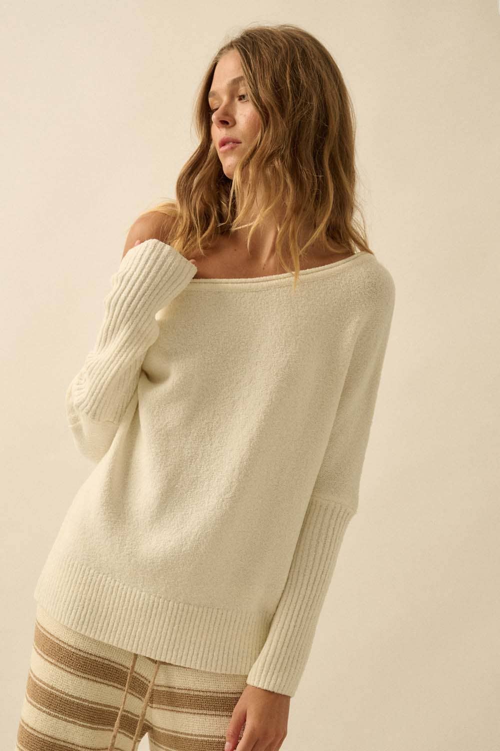 Textured Knit One-Shoulder Boatneck Dolman Sweater