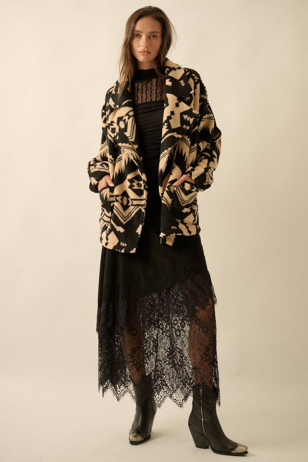 Geometric-Print Sherpa Fleece Lapel Pocket Jacket