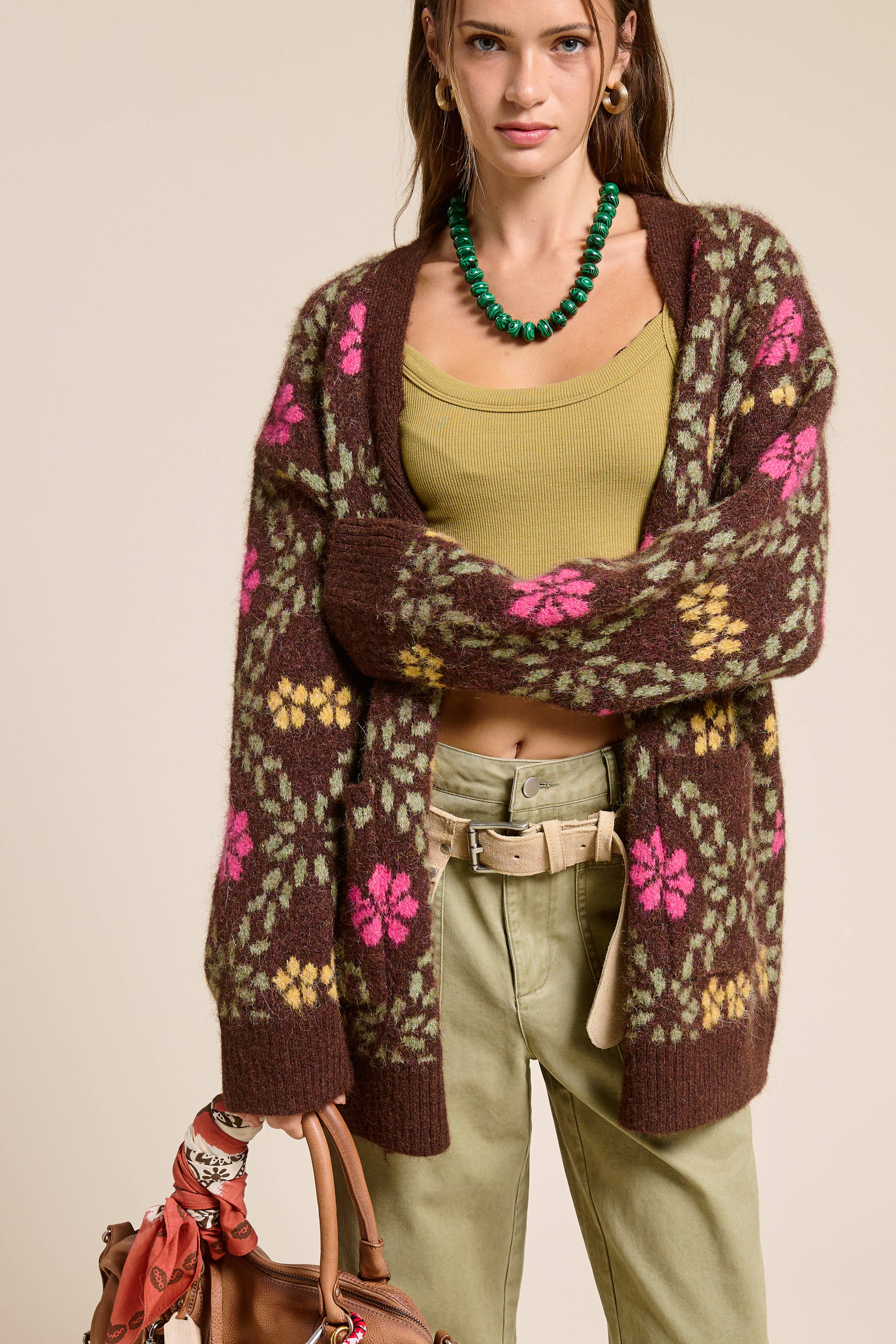 Retro Floral Print Fuzzy Knit Cardigan