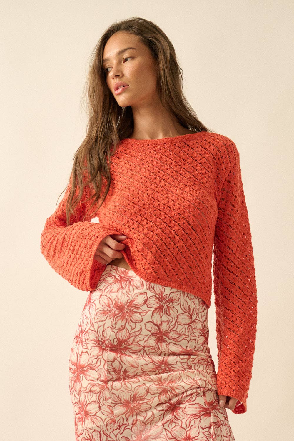 Solid Crochet-Knit Bell-Sleeve Cropped Sweater