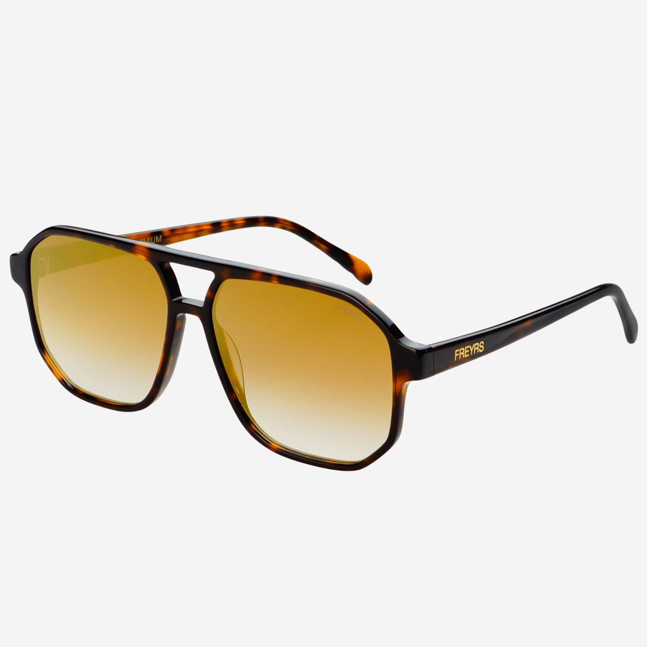 The Billie (NEW) Unisex Aviator Sunglasses by FREYRS Eyewear feature large, geometric, biodegradable acetate frames and yellow gradient nylon lenses. The FREYRS logo is printed in gold on the arms.