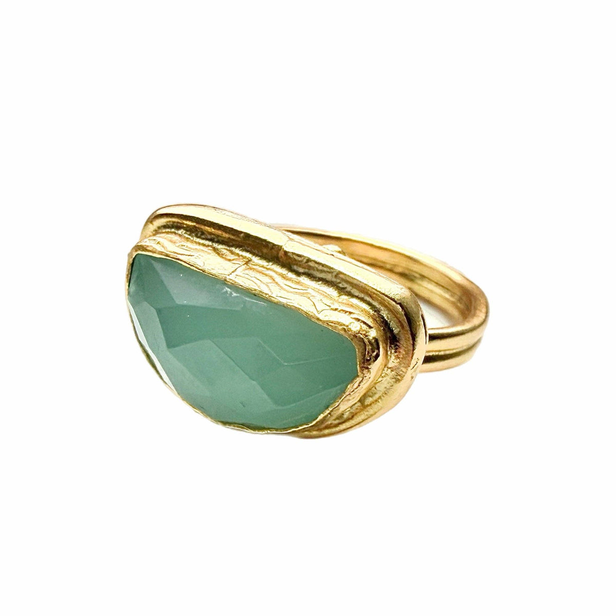 Aqua Chalcedony Semi-Circle Ring with faceted aqua stone and textured gold tone band