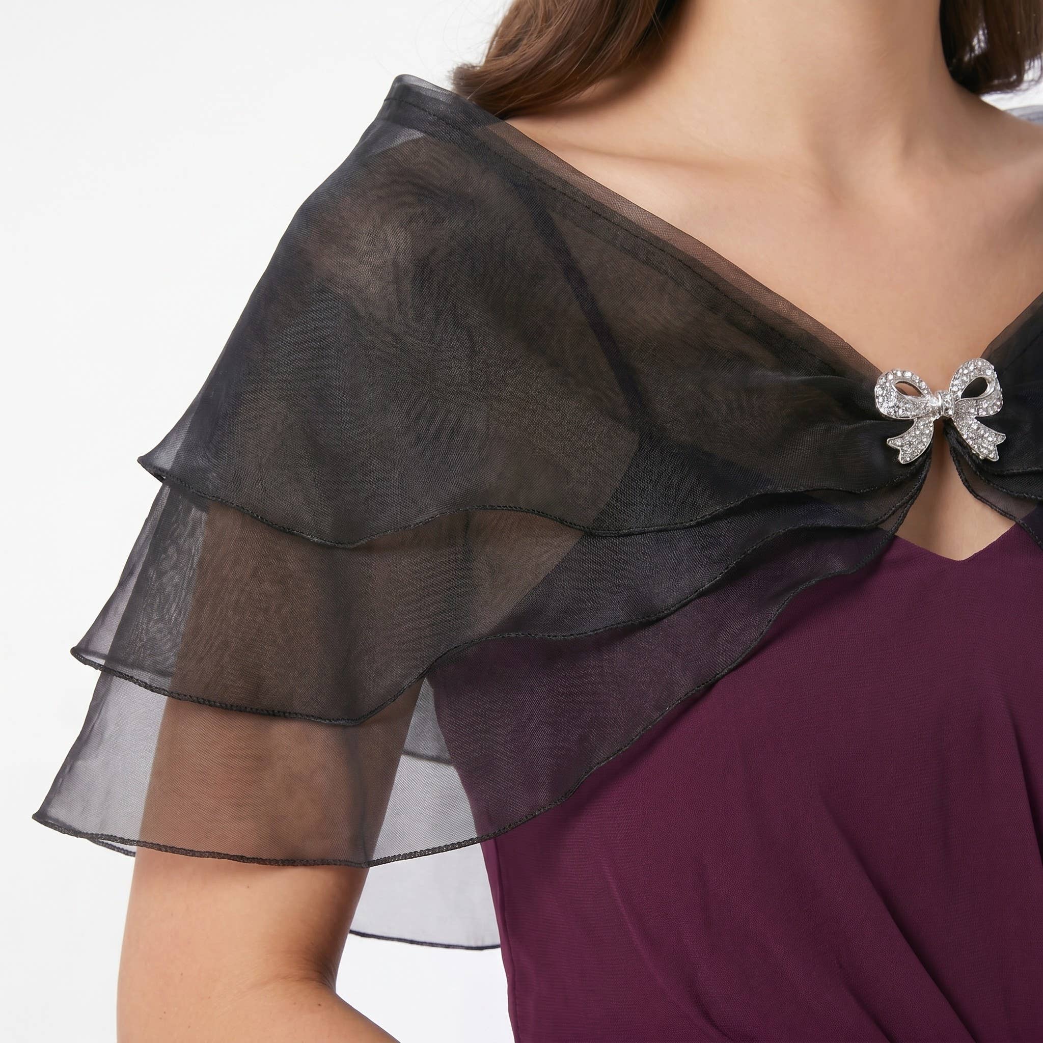 Sheer Organza Shoulder Shawl with Layered Ruffle Trim and Elegant Off-Shoulder Drape 14IN