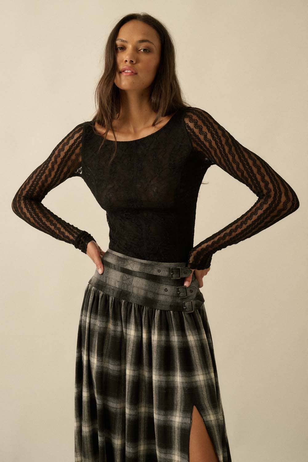 Floral and Striped Lace Boat-Neck Bodysuit in Black or Cream
