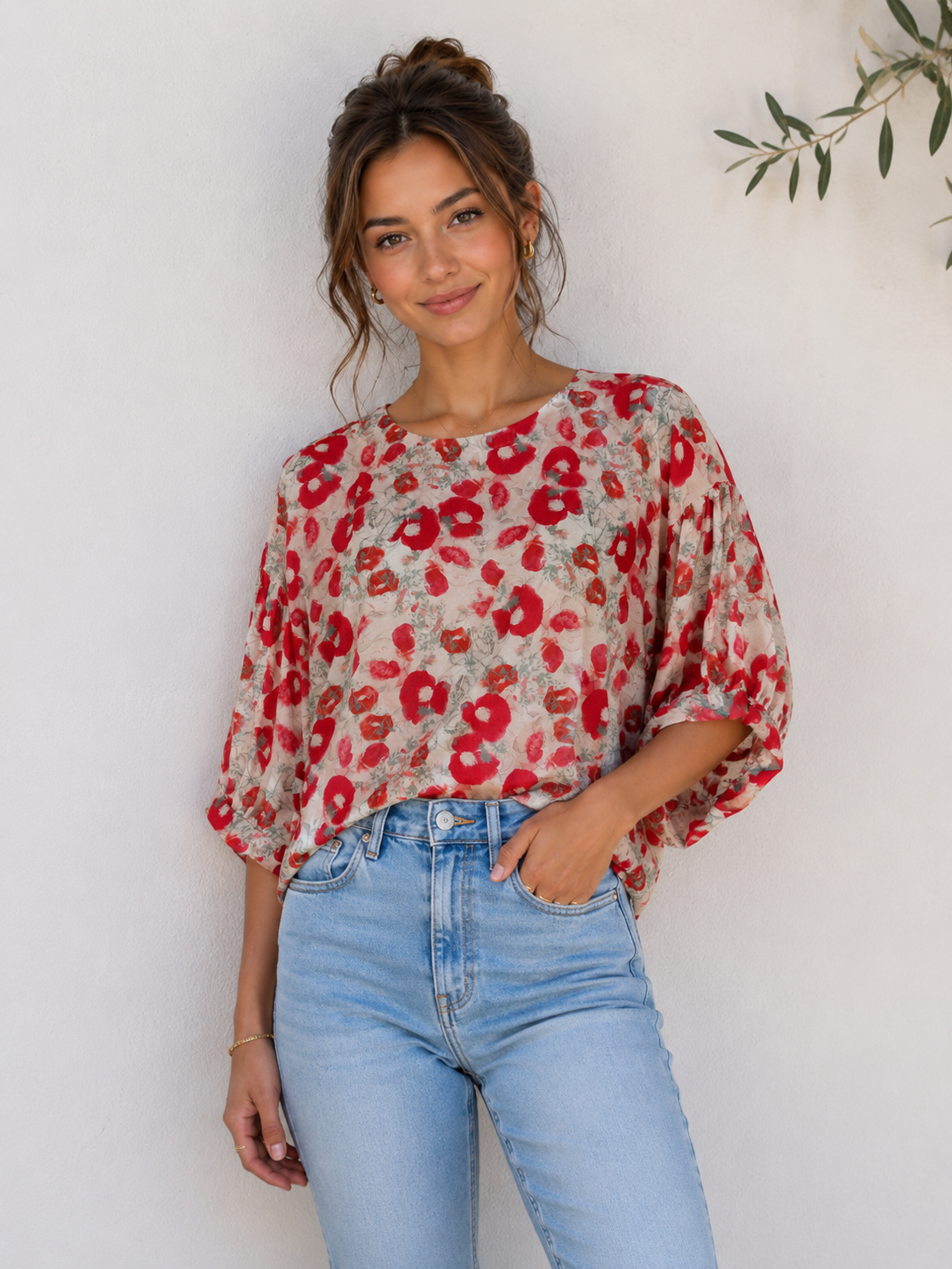 22119125-Poppy Bloom Button-Back Blouse