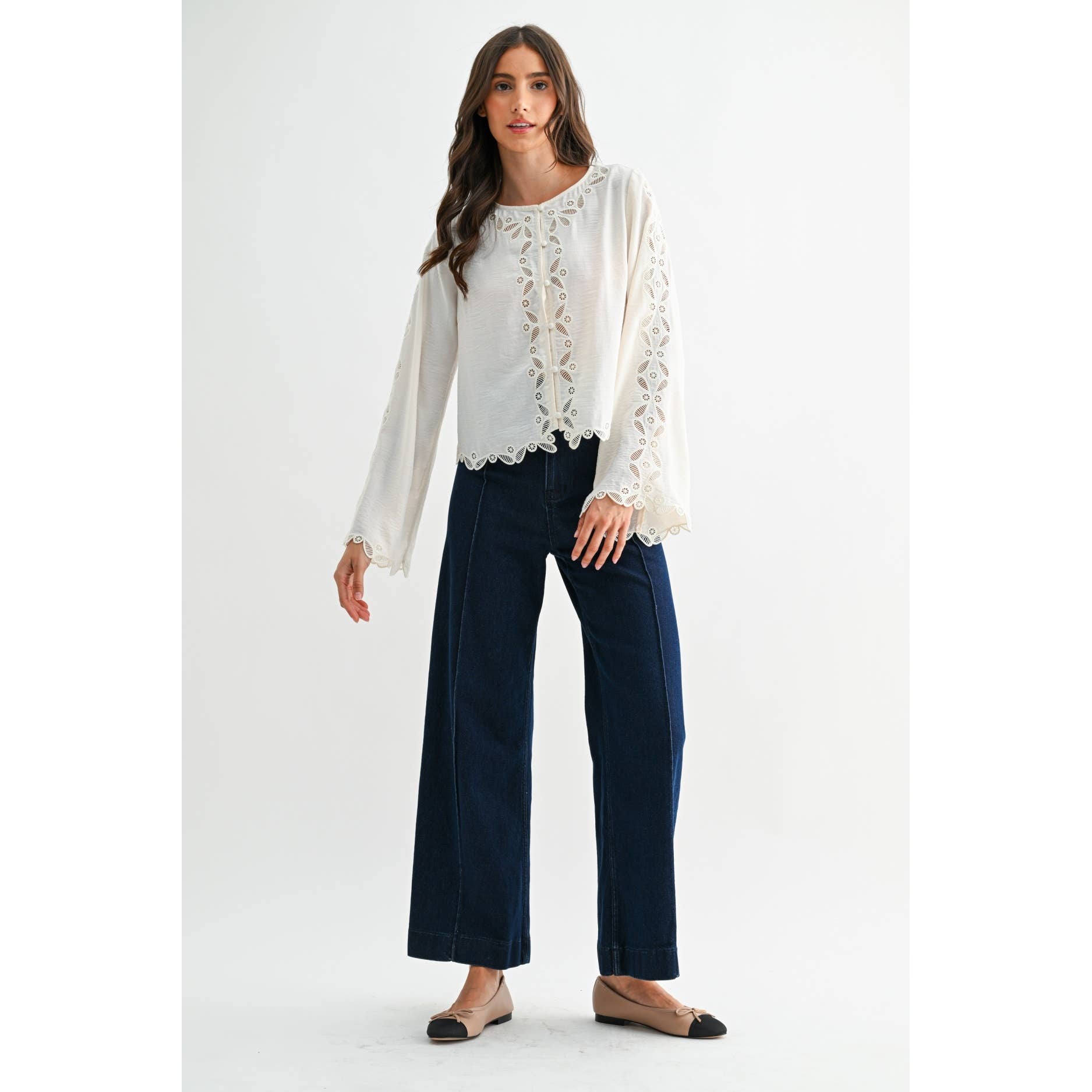 IVORY SCALLOPED EMBROIDERED LACE BUTTON BLOUSE