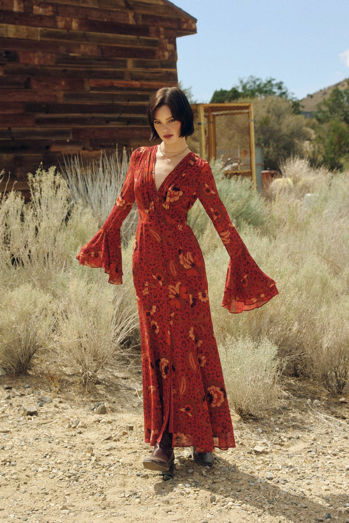 Harvest Mirage Ruffled Bell Sleeve Maxi Dress