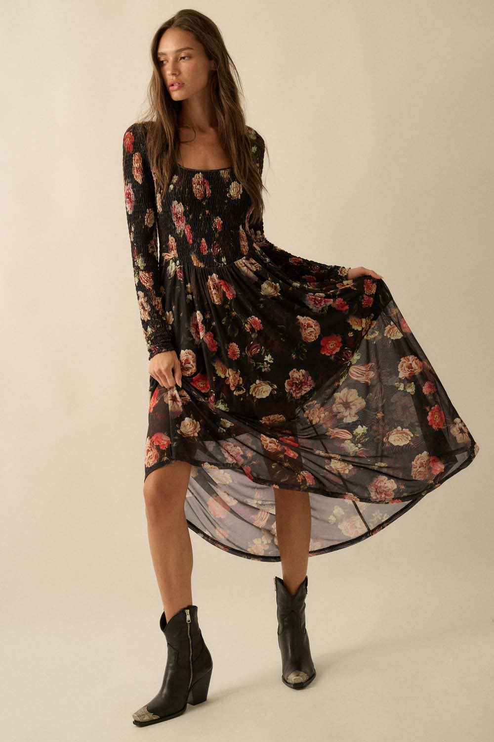 Floral-Print Mesh Smocked Long-Sleeve Maxi Dress