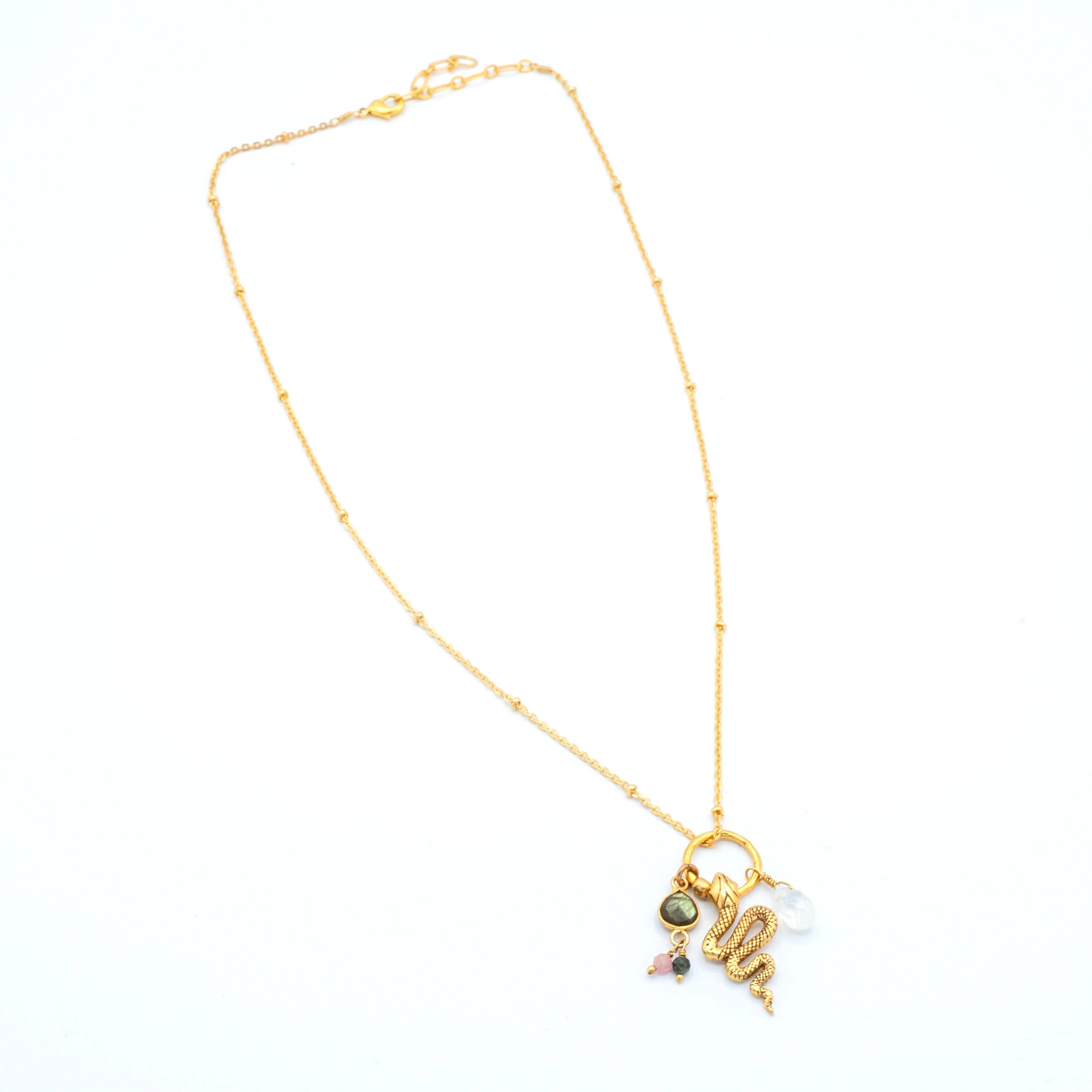Gold Plated Snake & Gemstone Charm Necklace