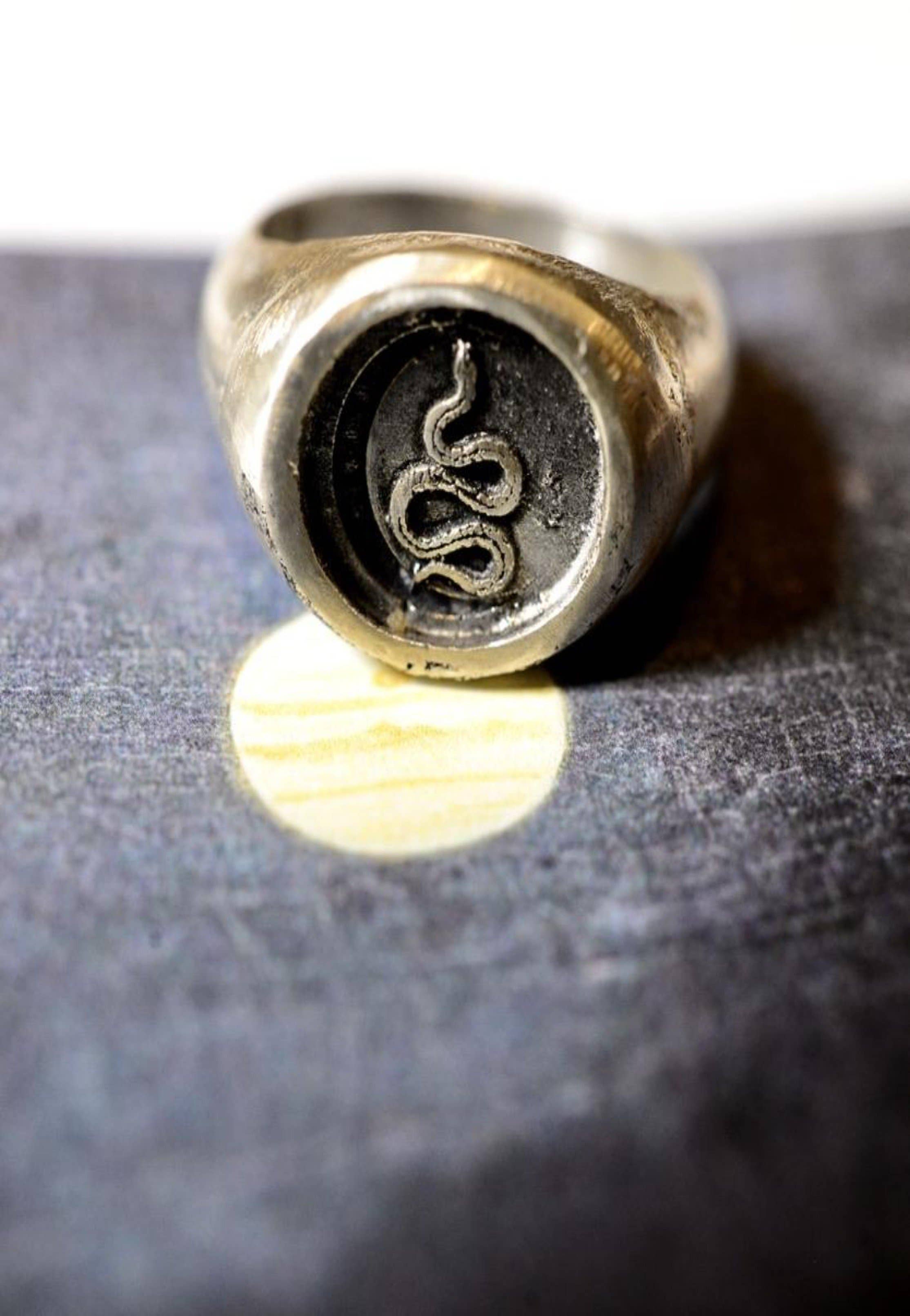 Nocturne Bronze Signet Ring with Etched Crescent and Snake