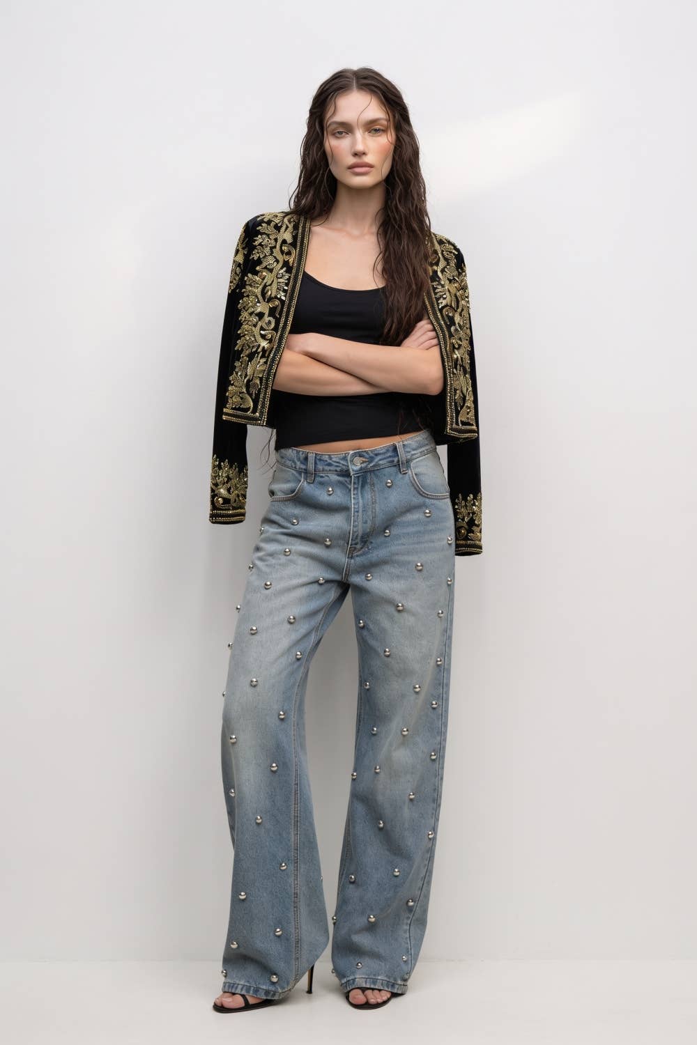 Embroidered Velvet Cropped Open-Front Jacket