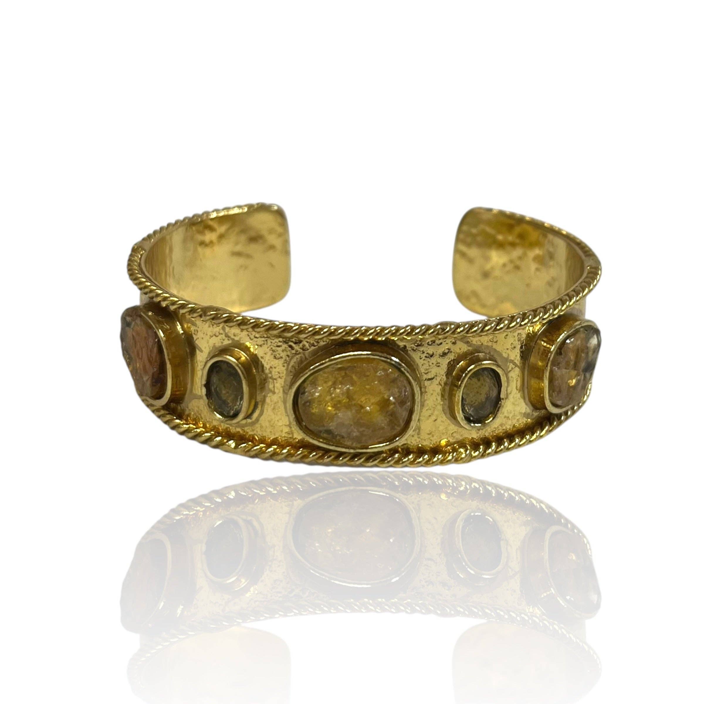 Smoky Quartz Gem Cuff featuring textured gold-tone brass with oval smoky quartz stones in a bold artisan design