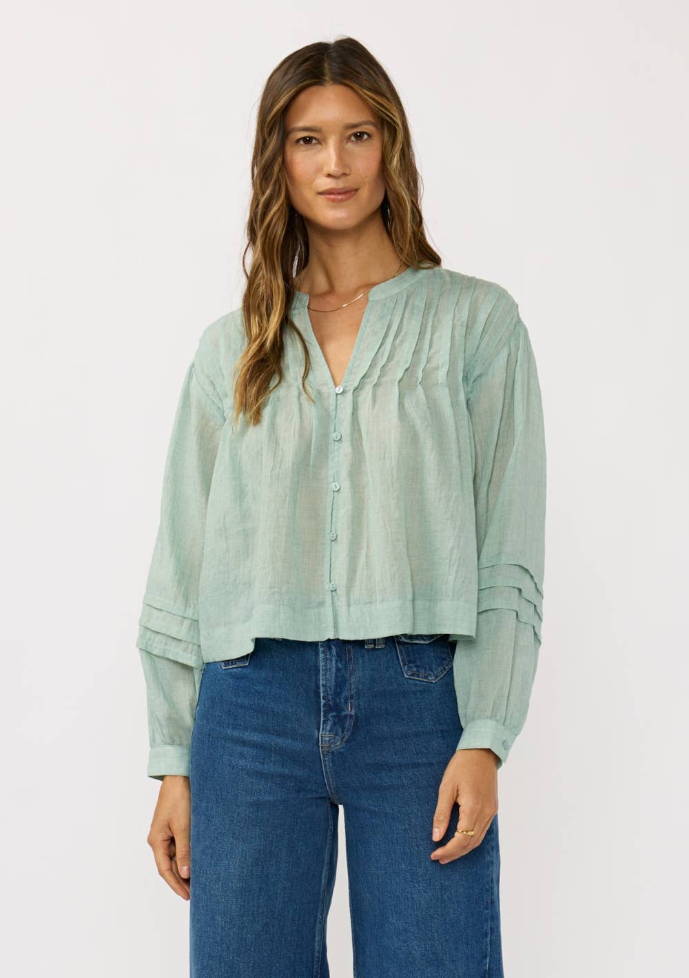Pintuck Pleated Button-Down Blouse: BLACK / M