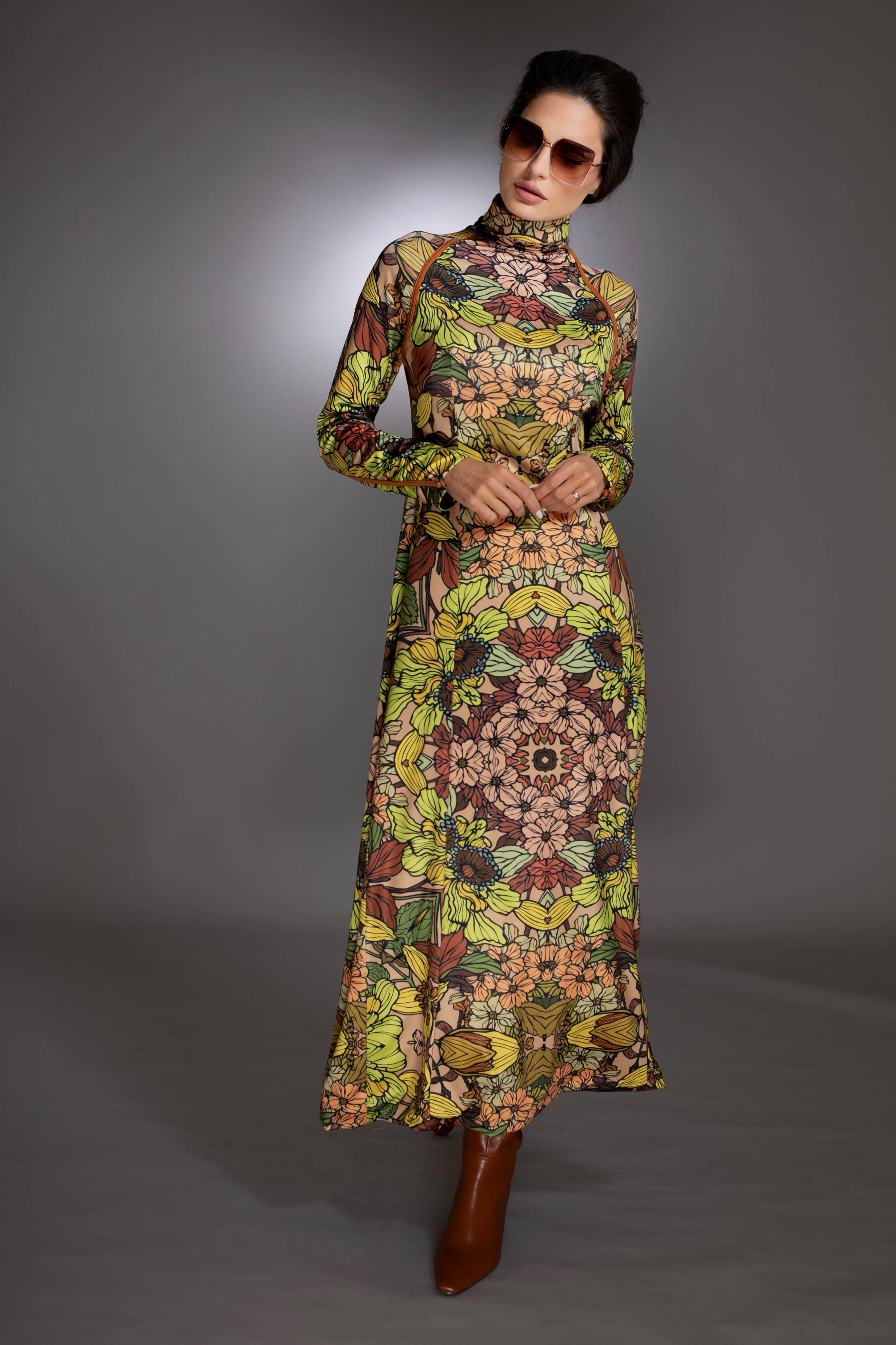 Golden Floral Long Sleeve Turtleneck Maxi Sweater Dress