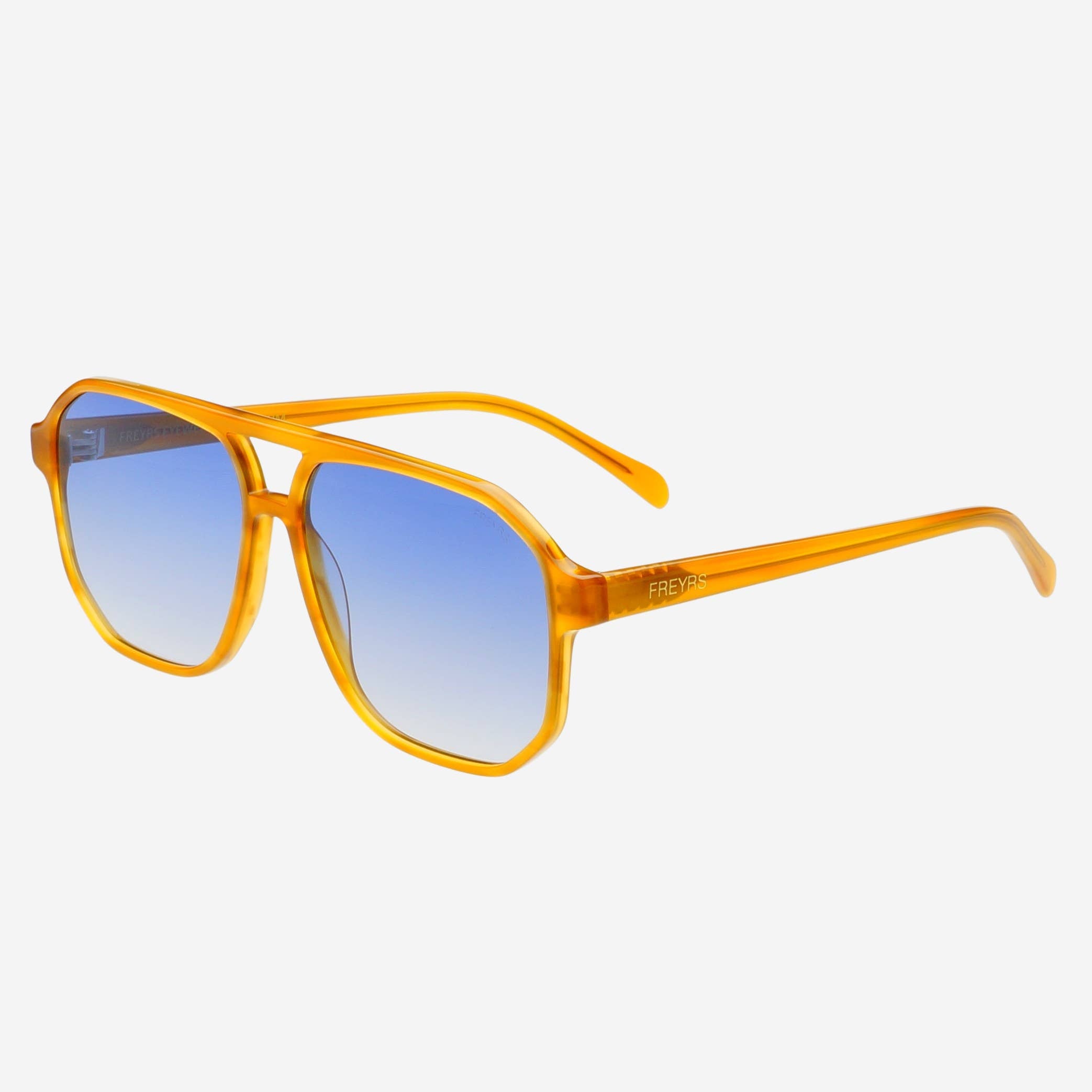 FREYRS Eyewear Billie (NEW) Unisex Aviator Sunglasses with orange frames and blue gradient premium nylon lenses, shown on a white background at an angle highlighting both the front and side view.