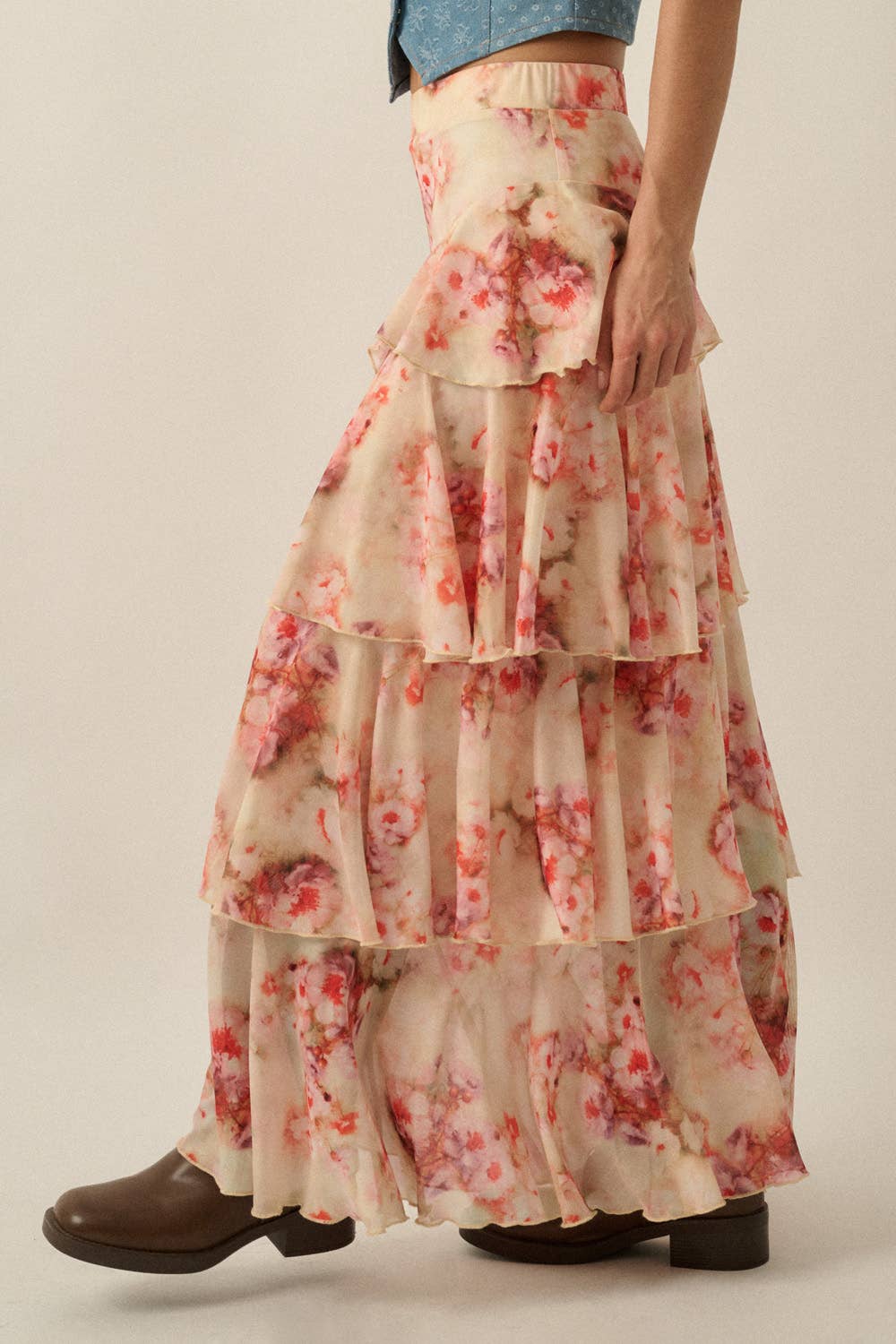 Floral-Print Chiffon Tiered Side-Ruffle Maxi Skirt