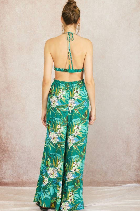 Printed Wide Leg Halter Jumpsuit